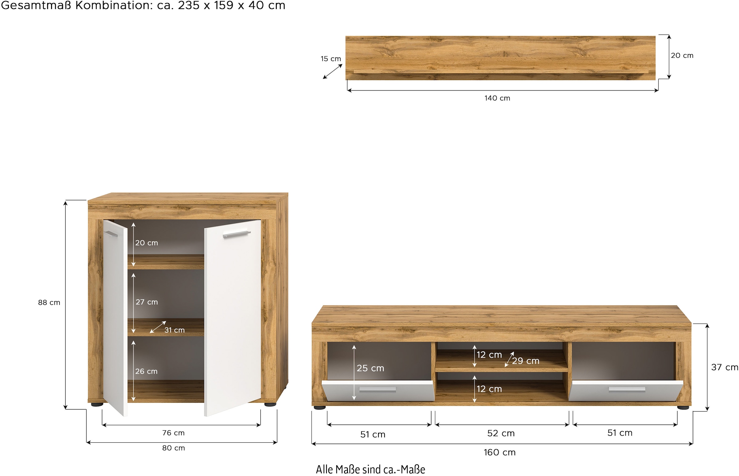 INOSIGN Meuble mural »Aosta, Breite 255cm, bestehend aus Highboard, Lowboard, Wandboard« 3 cuis tlg.