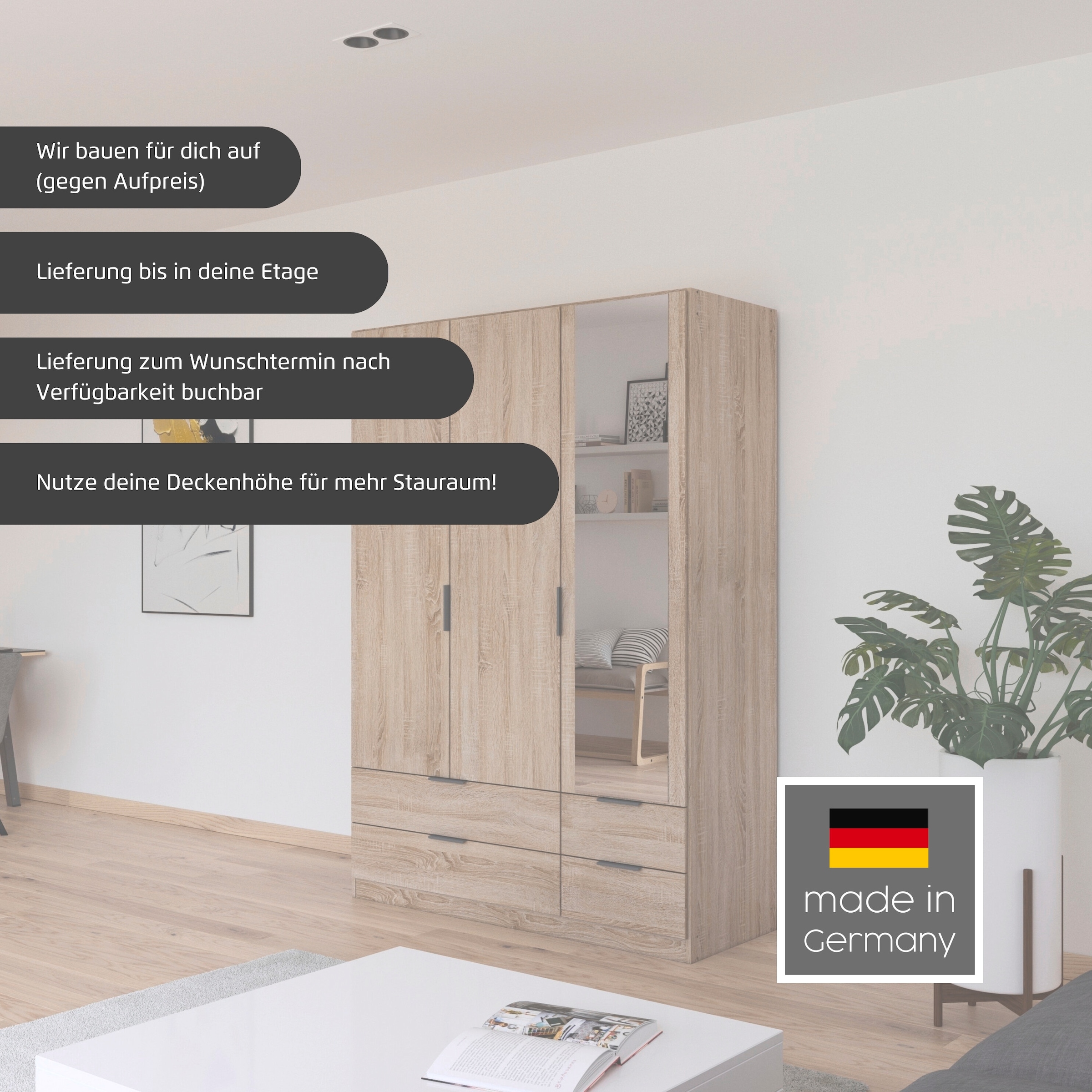 rauch Kleiderschrank »Drehtürenschrank Schrank Garderobe Ankleide Schlafzimmer LAGOA« 3 verschiedene Ausstattungen BASIC/CLASSIC/PREMIUM (inkl. SOFT-CLOSE),  geräumige Schubladen, 3 Breiten, optional mit Aufsatz MADE IN GERMANY