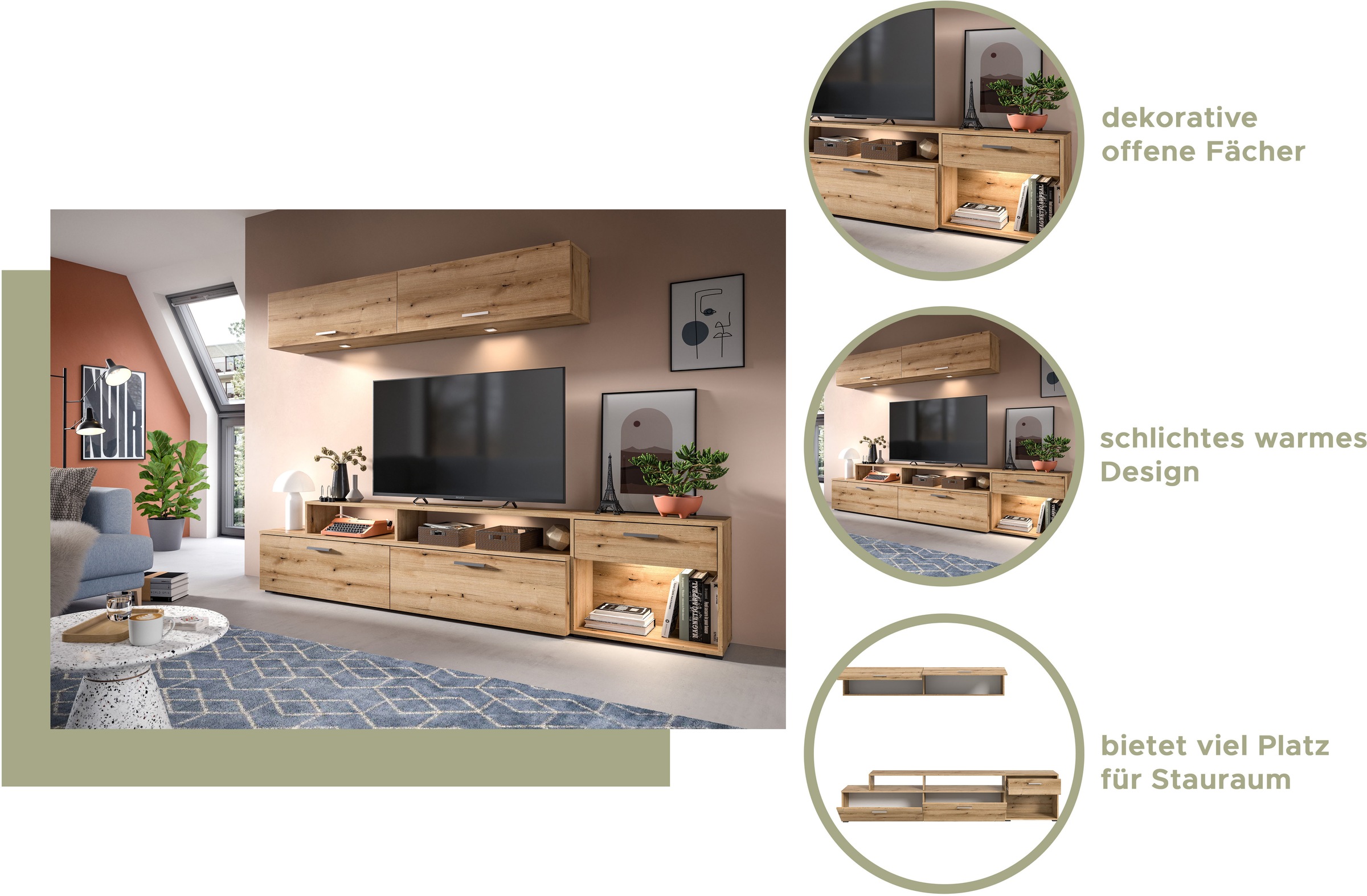 INOSIGN Wohnwand »Rotu, Breite 247 cm, bestehend aus: Lowboard und Hängeschrank«, Wohnkombination, Mediawand, Anbauwand, Wohnzimmer Set