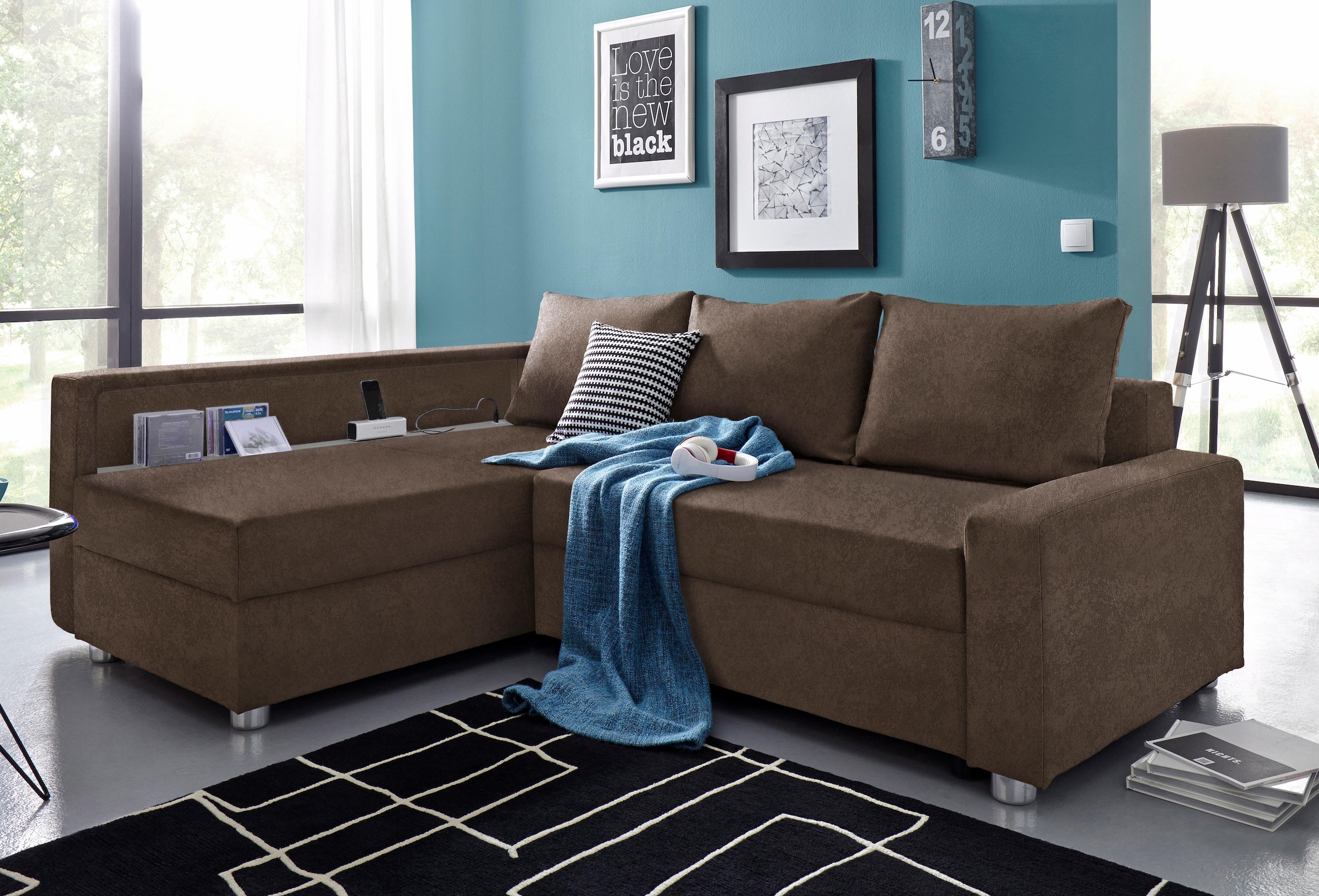 Image of COLLECTION AB "Relax L-Form, B: 223 cm" Schlaffunktion, Bettkasten, Regal & 1 Zierkissen, optional Licht