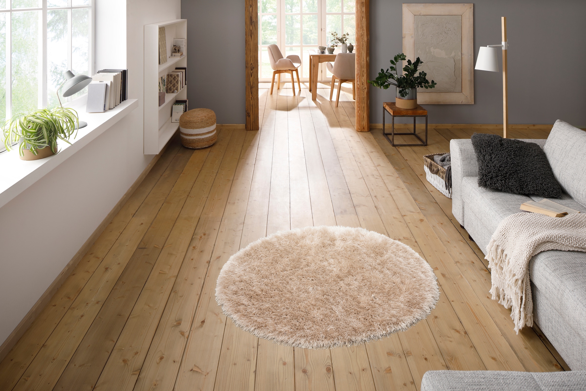 ♕ merinos Hochflor-Teppich versandkostenfrei besonders weich rund, auf Wohnzimmer »Glossy 411«, Microfaser, durch