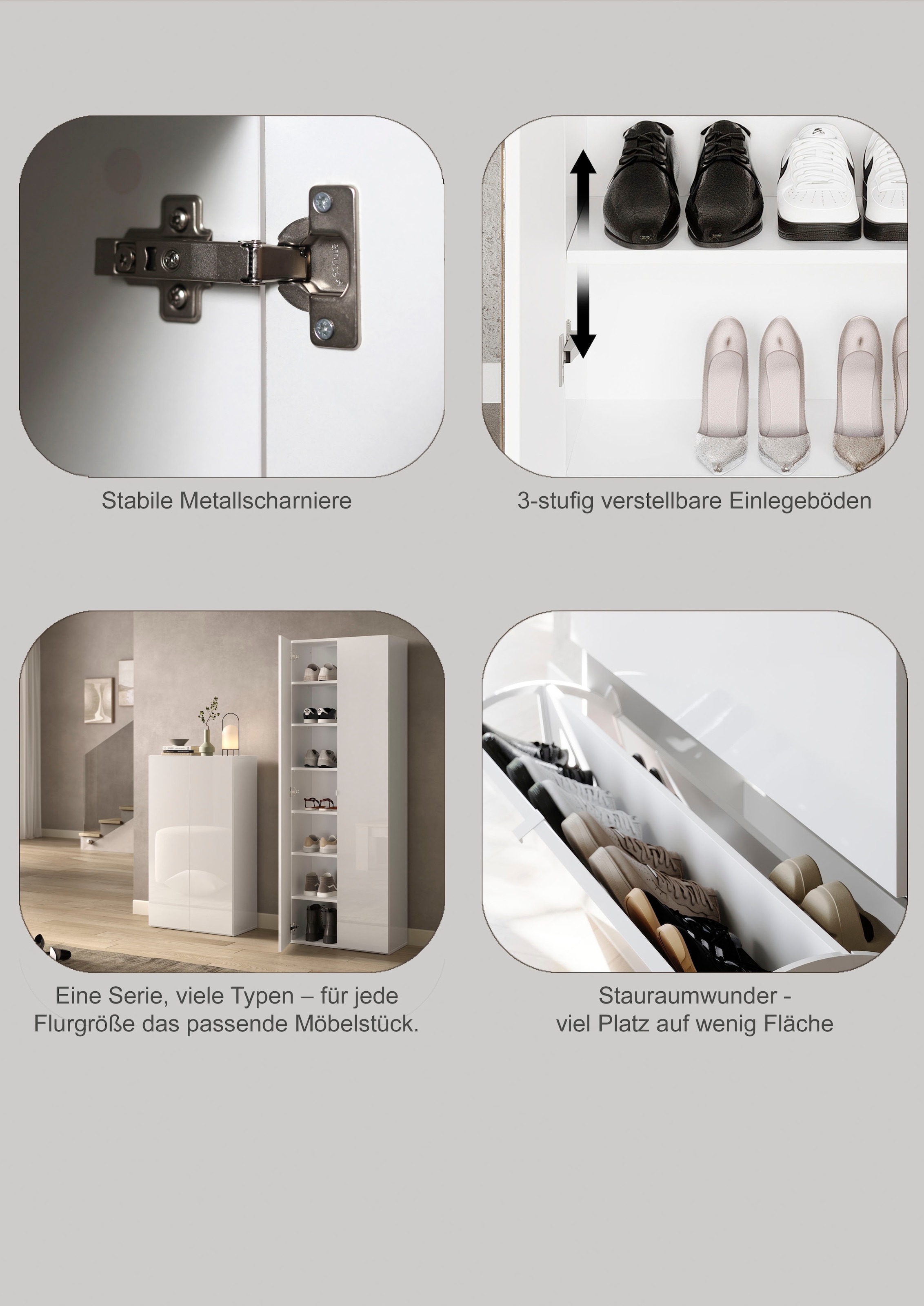 INOSIGN Schuhschrank »SMILE Breite 104 cm, 2 Klappen, komplett Weiss Hochglanz lackiert,«, Schuhkipper hängend o. stehend montierbar, 4 Fächer, Metallgriffe