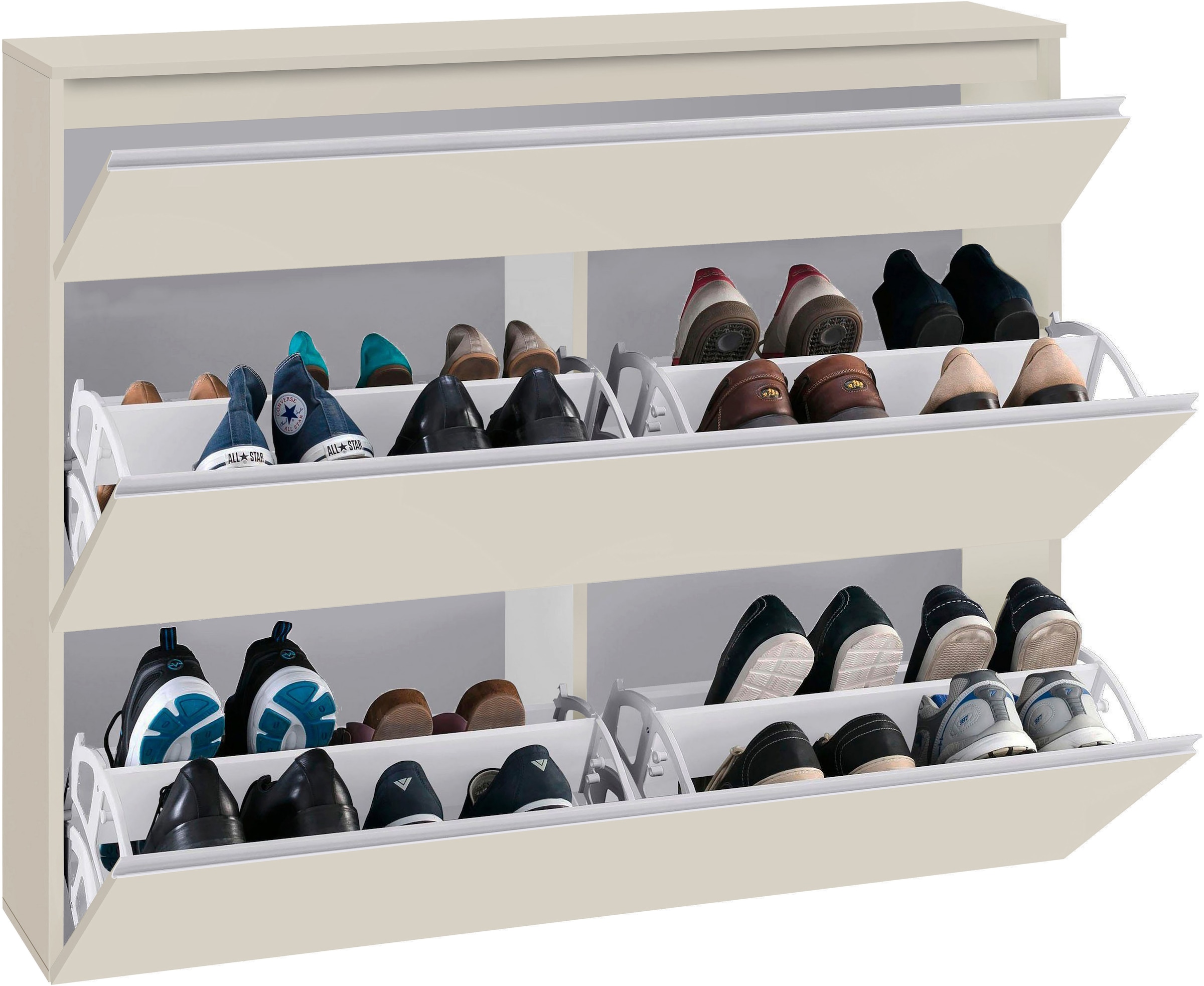 Home affaire Schuhschrank »Magic Schuhschrank, Schuhkommode, Schuhregal, softgriff« 3 Klappen,Doppelschuhtrommeln,hochglanz lackiert oder matt,Breite 120
