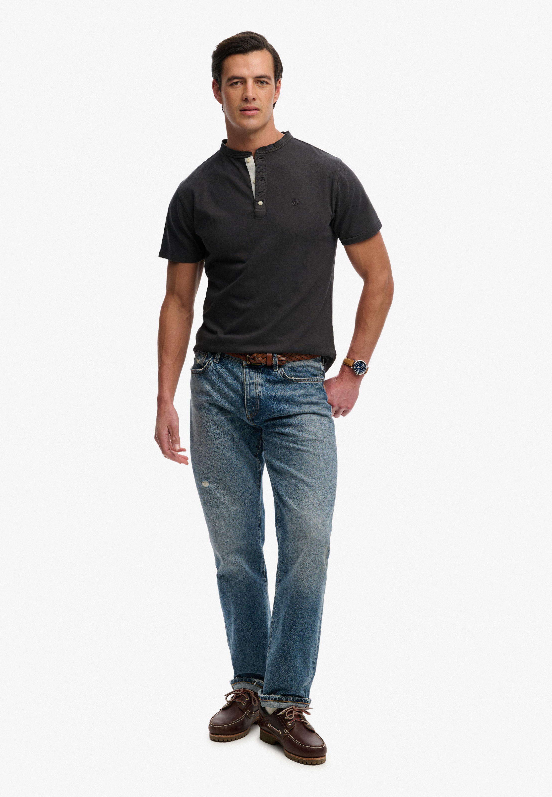 Superdry T-Shirt »CLASSIC COTTON LIN SS GRANDAD« mit Markenlabel, aus Baumwolle und Leinen, in Single Jersey, Kurzarm