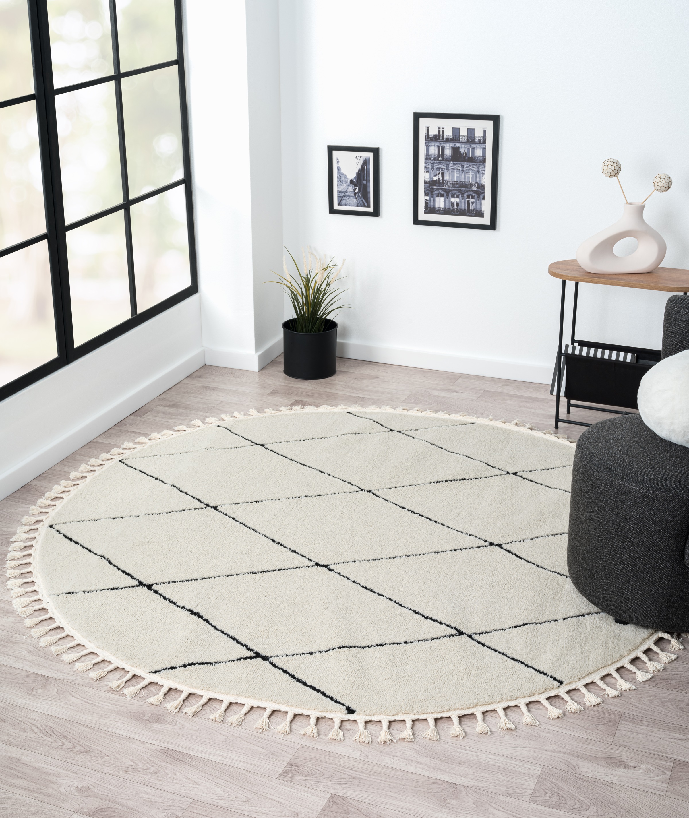 Image of Myflair Möbel & Accessoires Hochflor-Teppich "Moroccan Diamond" rund 24 mm Höhe modern, marokkanisches Design, Rauten Muster, weich, mit Fransen