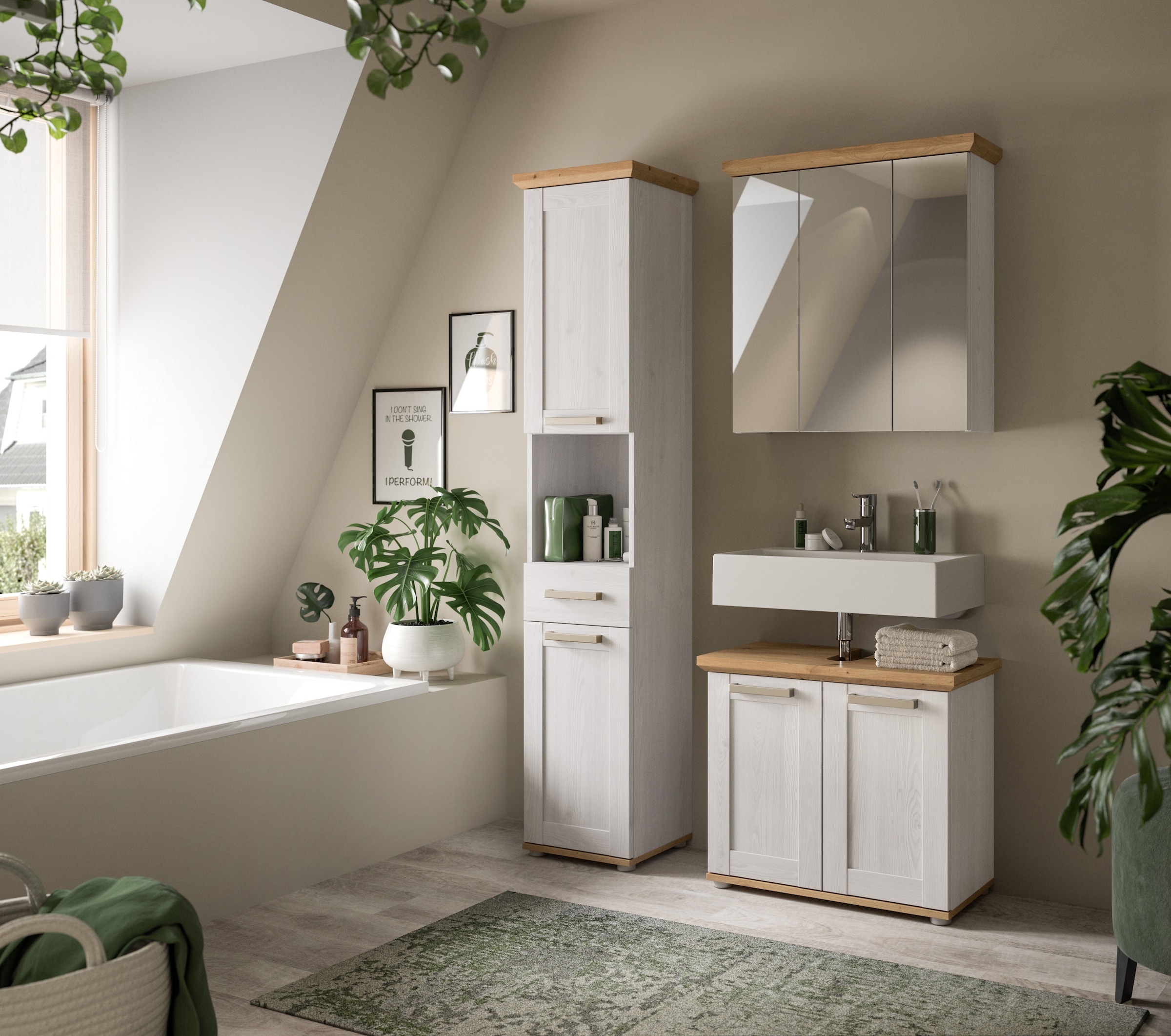 welltime Badmöbel-Set »COSENZA« best. aus: 1 Hochschrank, 1 Spiegelschrank, 1 Waschbeckenunterschrank, 3 Stk. tlg.