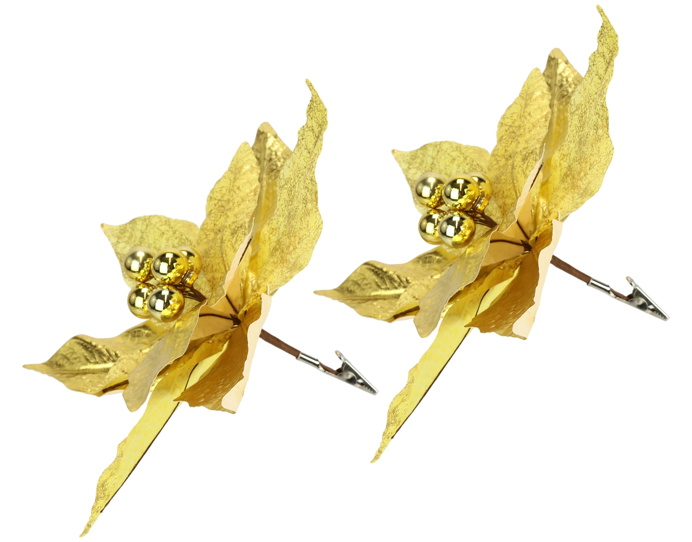 I.GE.A. Dekohänger »Poinsettia auf Clip«, (2 St.), 2er Set 28cm Weihnachts-Christstern künstlich Weihnachtsblume goldfarben