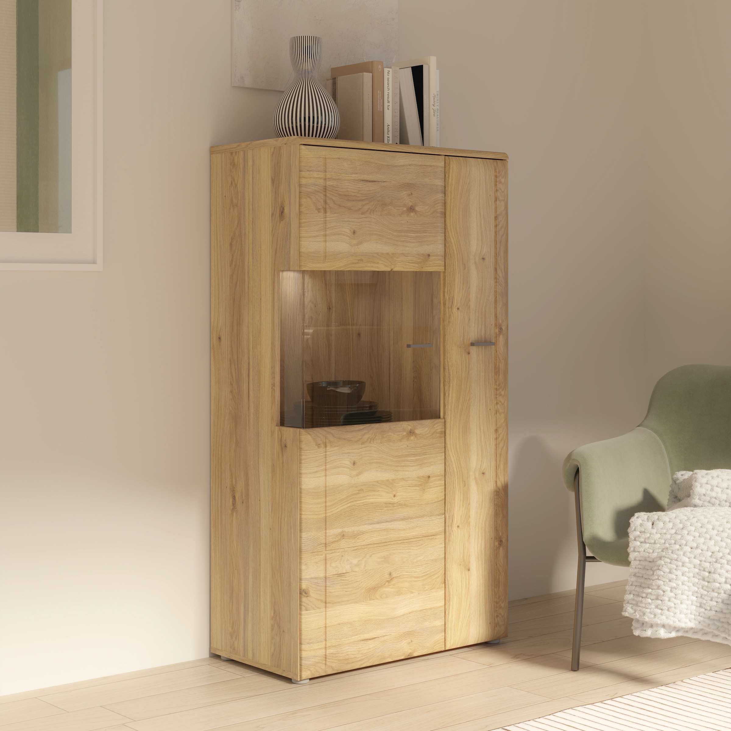 FORTE Vitrine »Akinori« B/H/T 75,1/140/41,8 cm,  Highboardvitrine, Glastüre , Soft Close, MDF Front