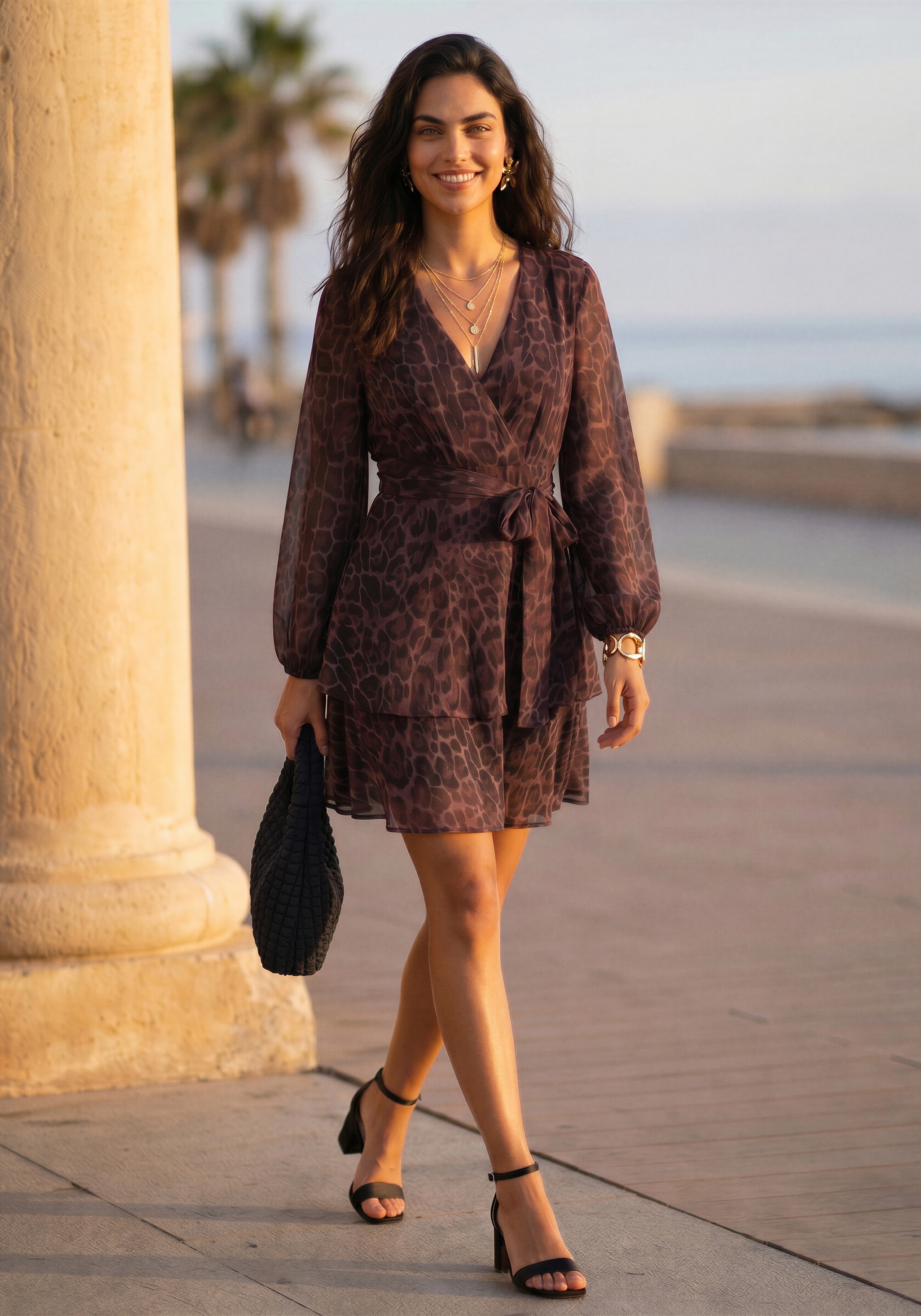 LASCANA Robe imprimée Sans poches avec ceinture fixe, robe d'été élégante à motif léopard
