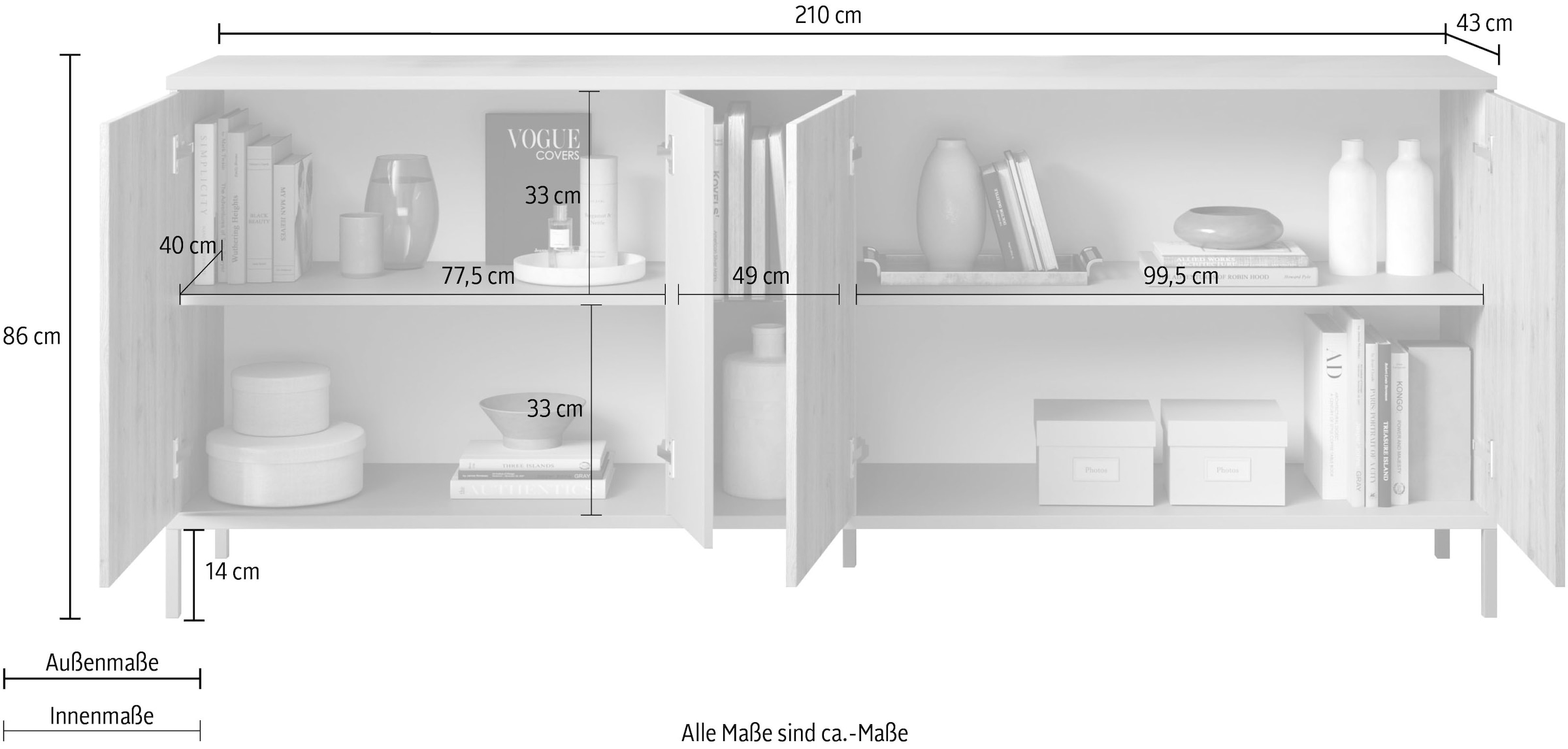 INOSIGN Sideboard »Gent Breite 210 cm, Kommode mit 4 Türen u. 2 offenen Fächern«, Anrichte, Push-to-open Funktion