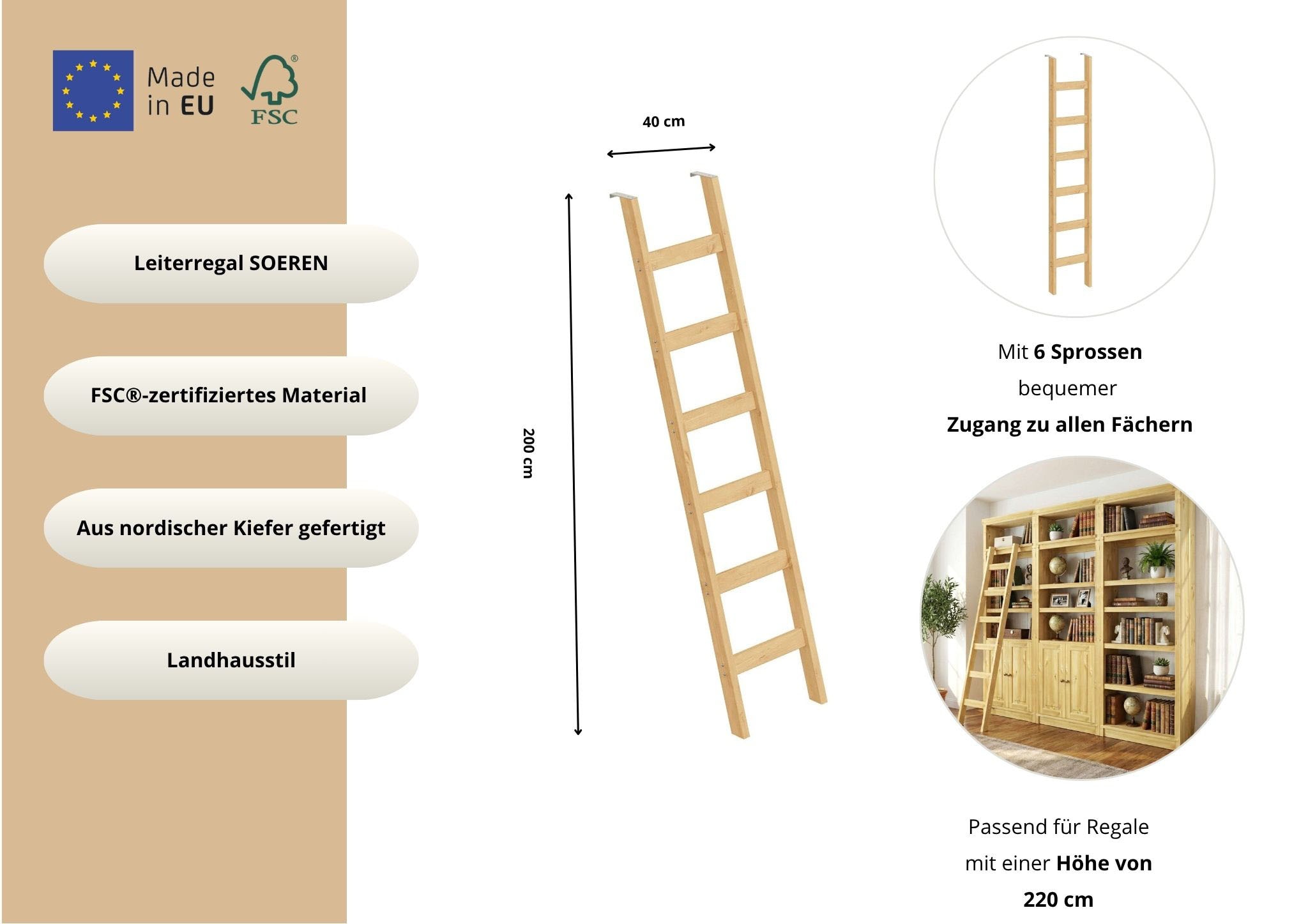 GOODproduct Étagère à échelle »Soeren Leiter B/T/H: 40/1,8/190 cm, massive Kiefer, FSC®-zertifiziert« adapté à l’étagère Soeren hauteur 220 cm, design fonctionnel