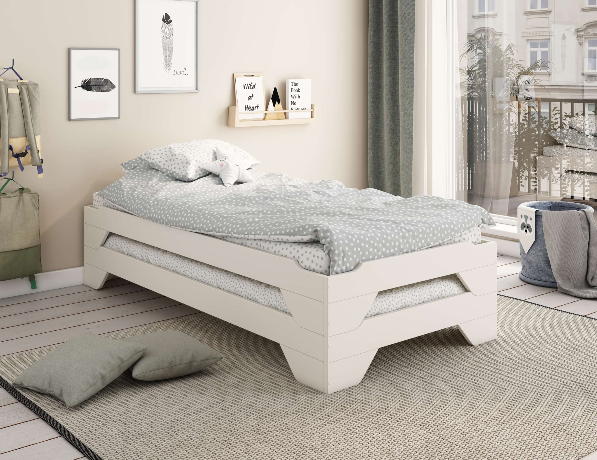Image of GOODproduct Massivholzbett "Melwine – Stapelbett aus massiver Kiefer, platzsparend & flexibel" in 2 Ausführungen- als Einzelbett oder Set aus 2 Betten, 2 tlg. Mit Lattenrost, ideal als Gästebett, FSC zertifiziert, Made in Europe