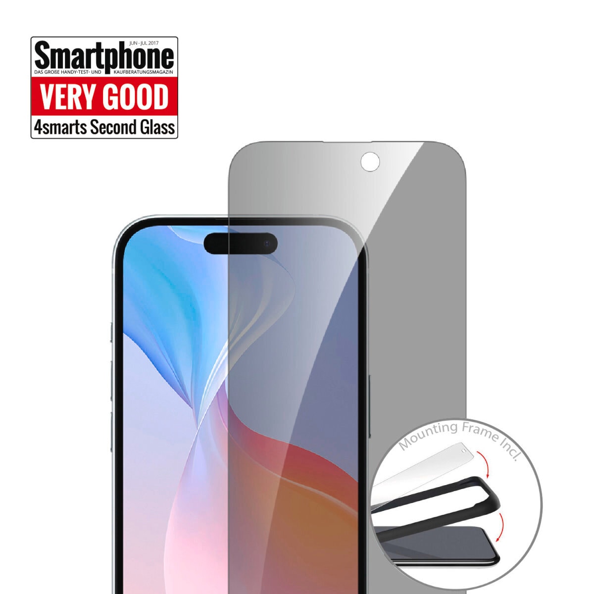 4smarts Displayschutzglas »Second Glass Privacy mit Montagerahmen«, für Apple iPhone 16, (1 St.), Displayschutzfolie, Schutzfolie, Bildschirmschutz, kratz- & stossfest