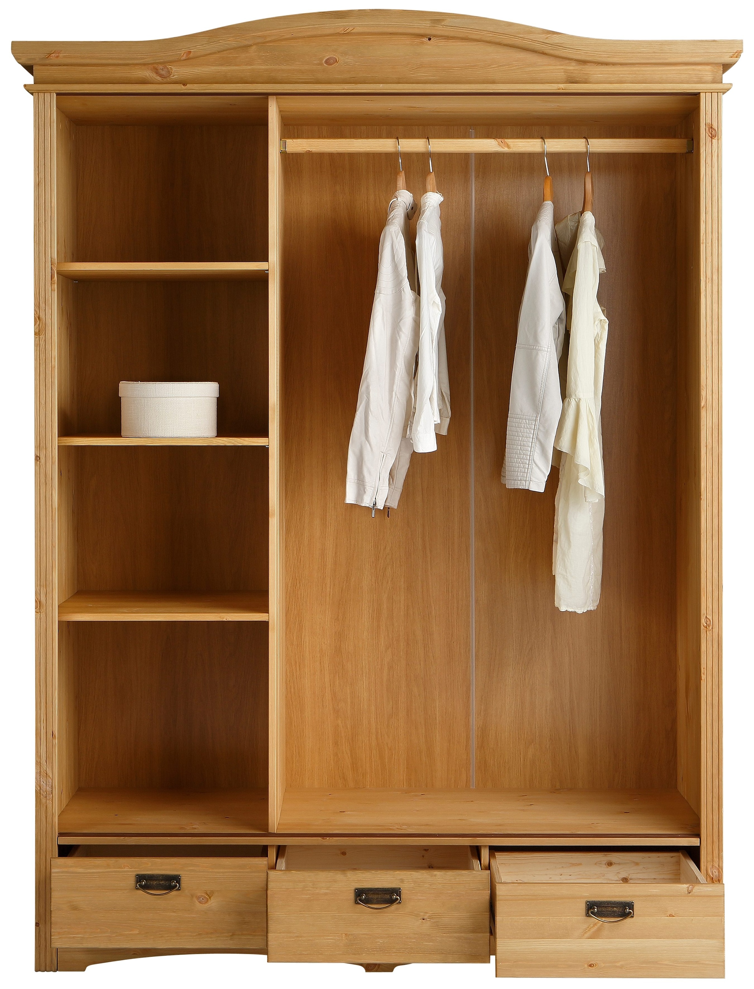 Home affaire Schiebetürenschrank »Konrad, Landhausstil, rustikal, mit Schubladen + Spiegel, Kassetten« 3 Breiten: 153/202/249 cm  H/T ca.207/64 cm,  massive Kiefer, FSC®-zertifiziert, Messinggriffe, mehrere Varianten