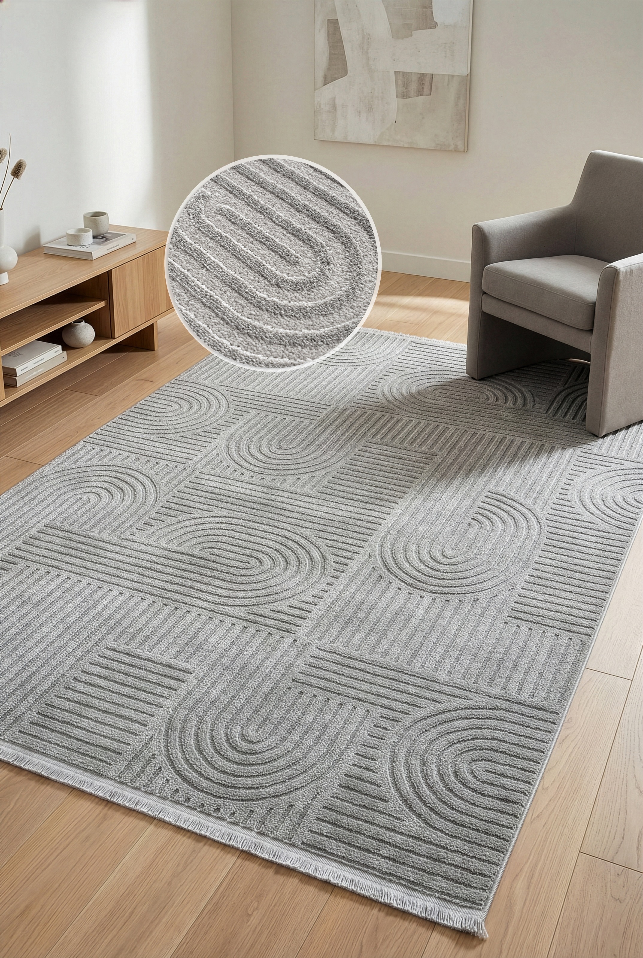 Image of GOODproduct Teppich "Jonnis, mit Fransen, Boho-Design, Scandi, Designteppich" rechteckig 9 mm Höhe Hoch-Tief, 3D Optik, skandinavischer Stil, Wohnzimmer, Schlafzimmer