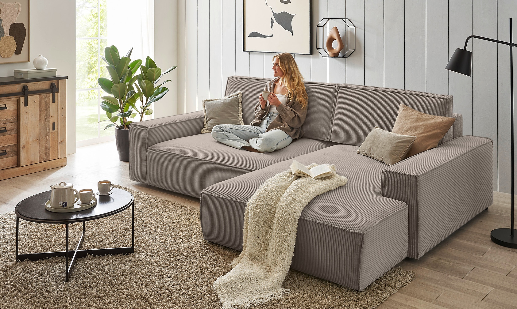 Home affaire Ecksofa »NEU: SHERWOOD XXL 284, Big-Sofa L-Form, tiefe Sitzfläche 95 cm, Cord« Recamiere rechts/links, als Schlafsofa stellbar, Cord u. Leinenoptik