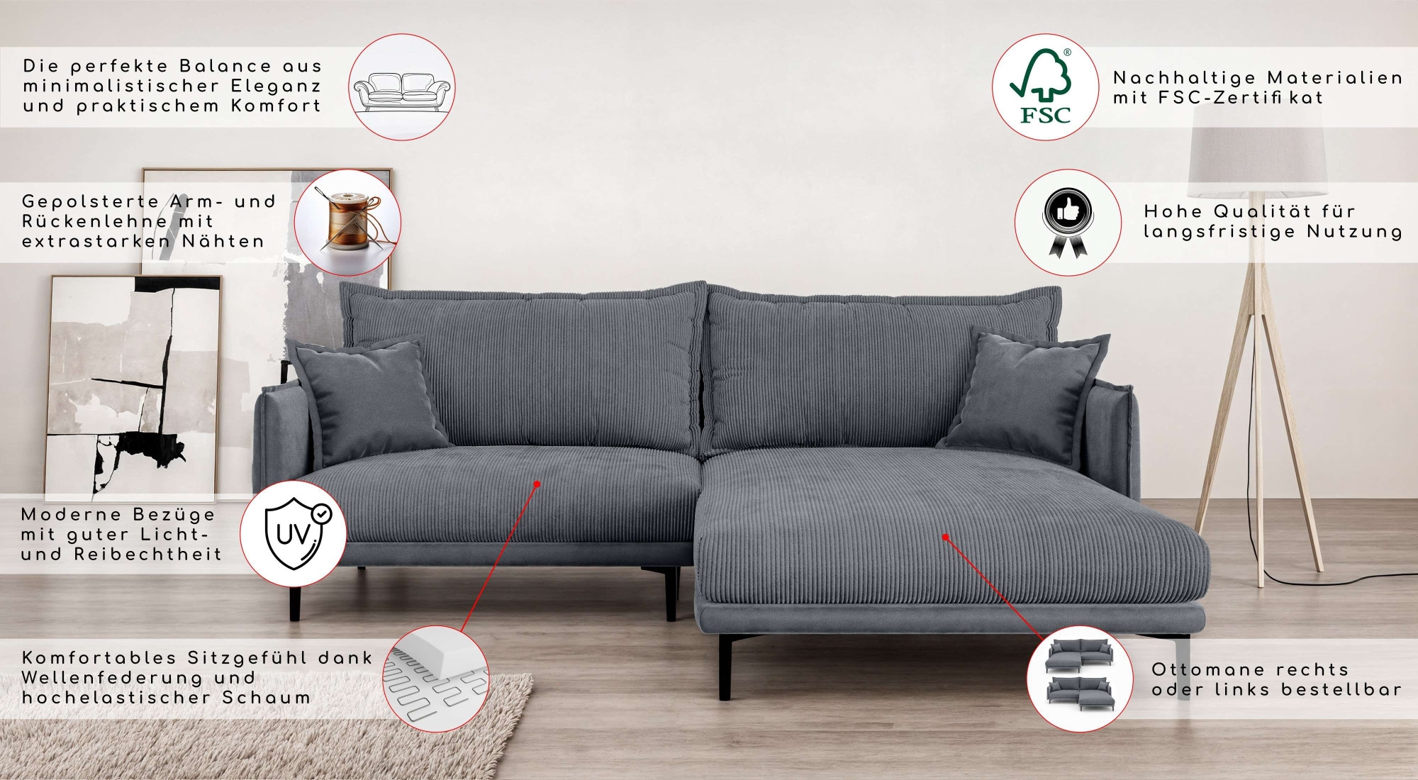 INOSIGN Ecksofa »ALEXANDRIA mit Recamiere rechts oder links bestellbar, moderne Bezüge«, L-Form mit Wellenunterfederung, Masse: B/H/T 246/86/190 cm