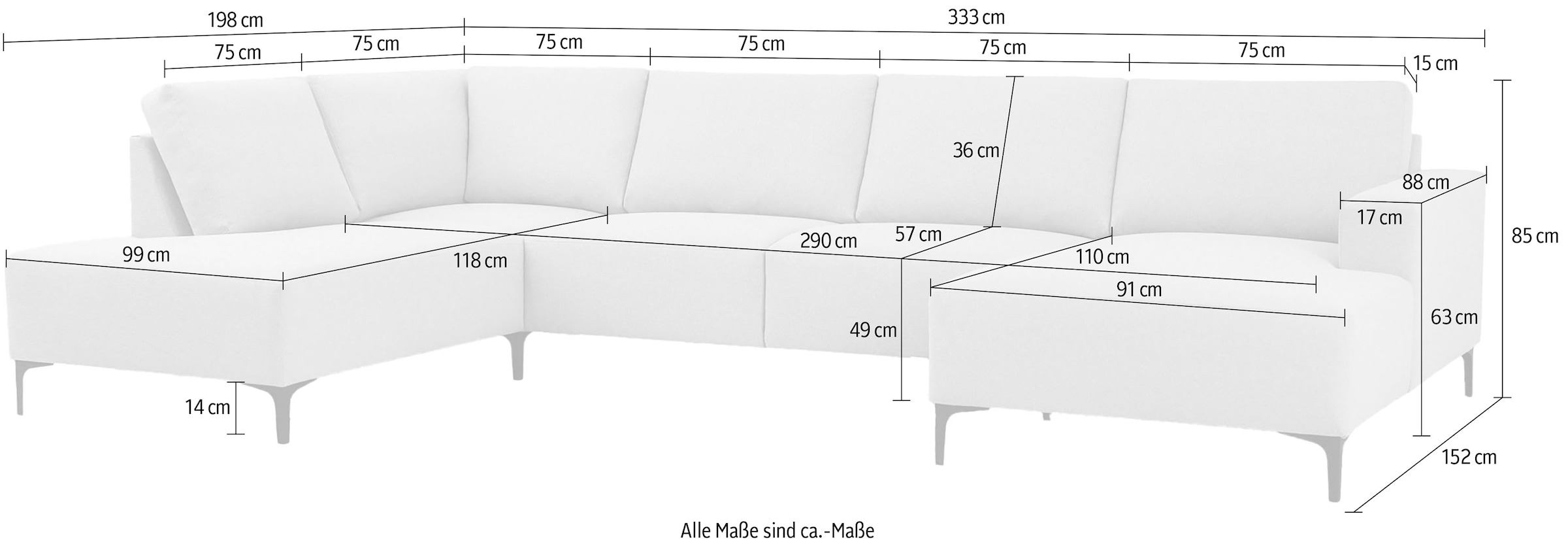 Home affaire Wohnlandschaft »Tournon U-Form, XXL Sofa, Breite 333 cm, Webstoff, Chenille«, Designsofa im nordischen Stil, Wellenunterfederung, Metallfüsse