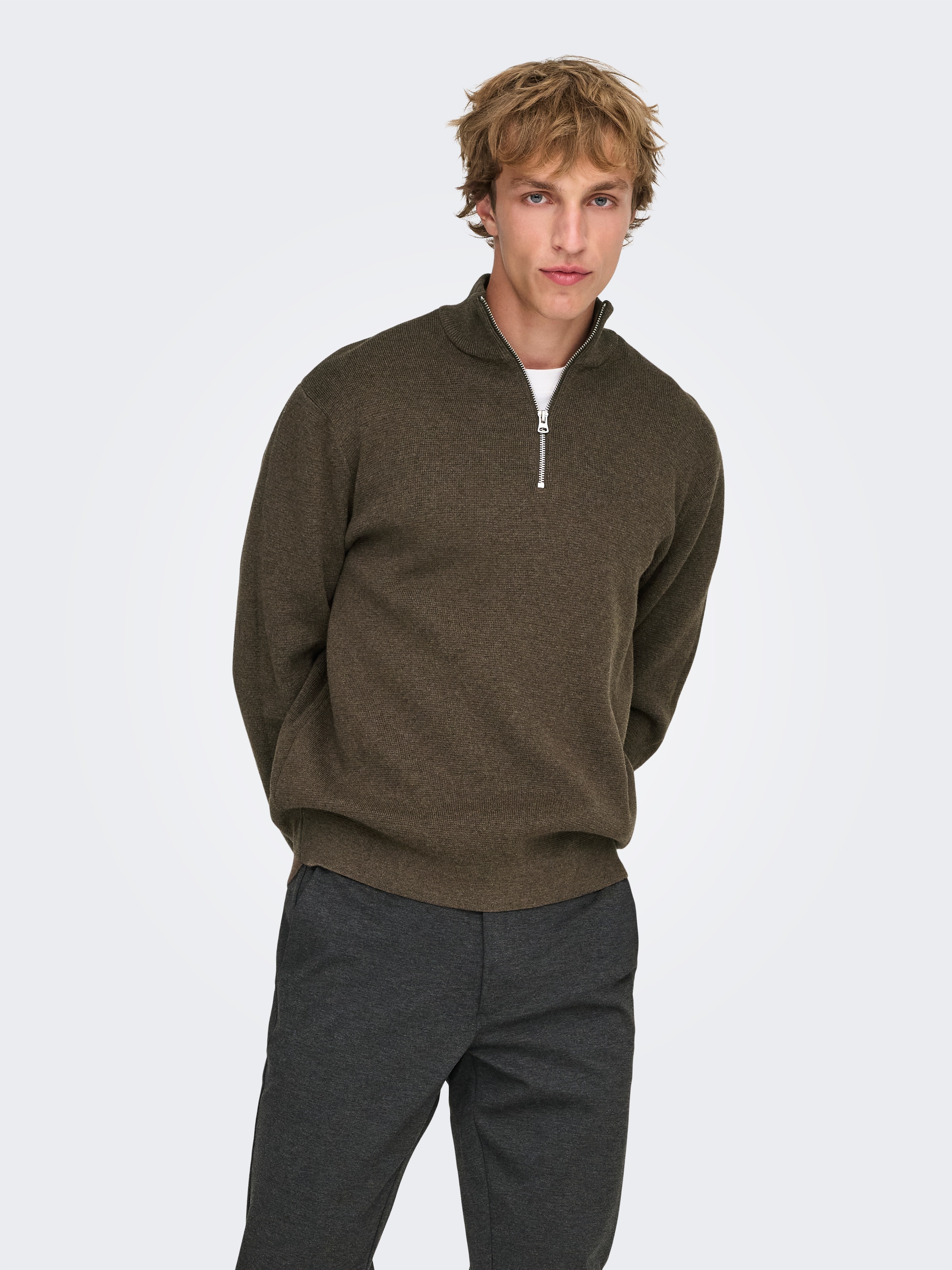 Image of ONLY & SONS Troyer "ONSTING LIFE REG HALF ZIP KNIT NOOS" Baumwolle, regular fit
