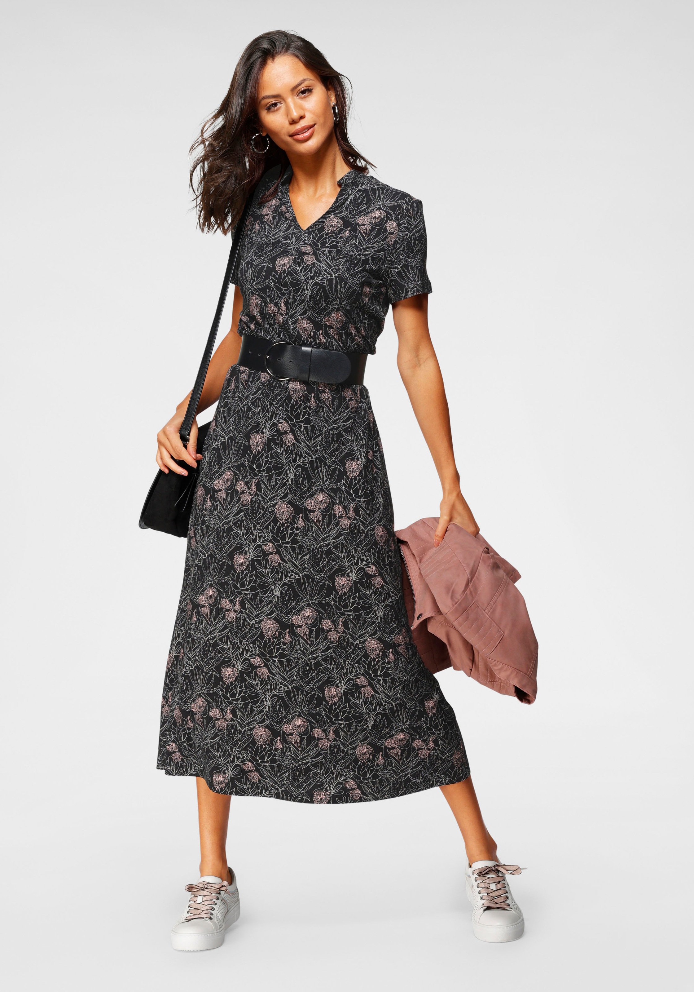 Image of Laura Scott Sommerkleid wadenlang, geblümtes Design, aus Single Jersey, mit Stehkragen