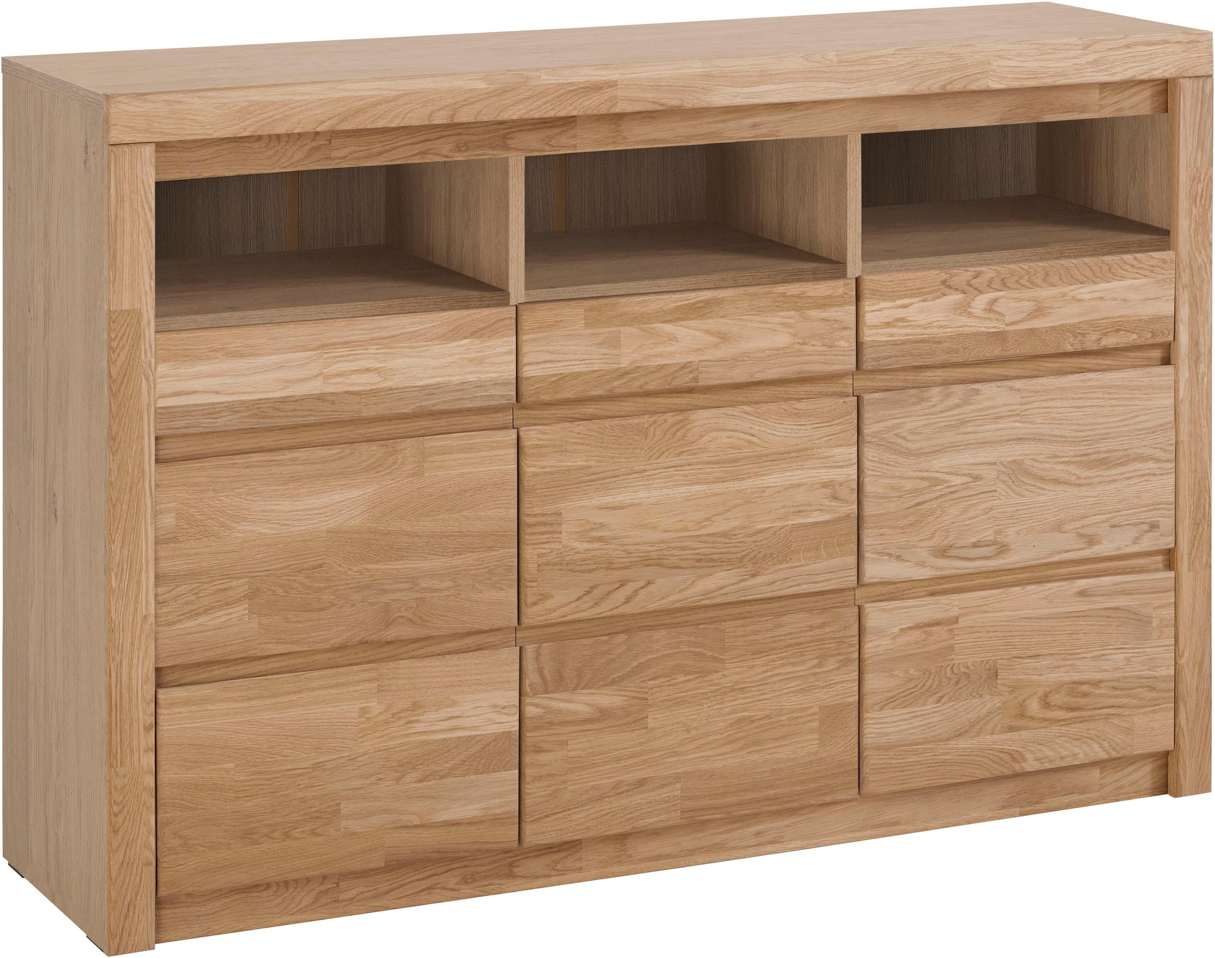 Image of GOODproduct Kommode "Silkeborg Fronten & Leisten aus Massivholz, Kospus aus Melamin" B/T/H 130/35/85 cm. 3 offene und 6 geschlossene Fächer