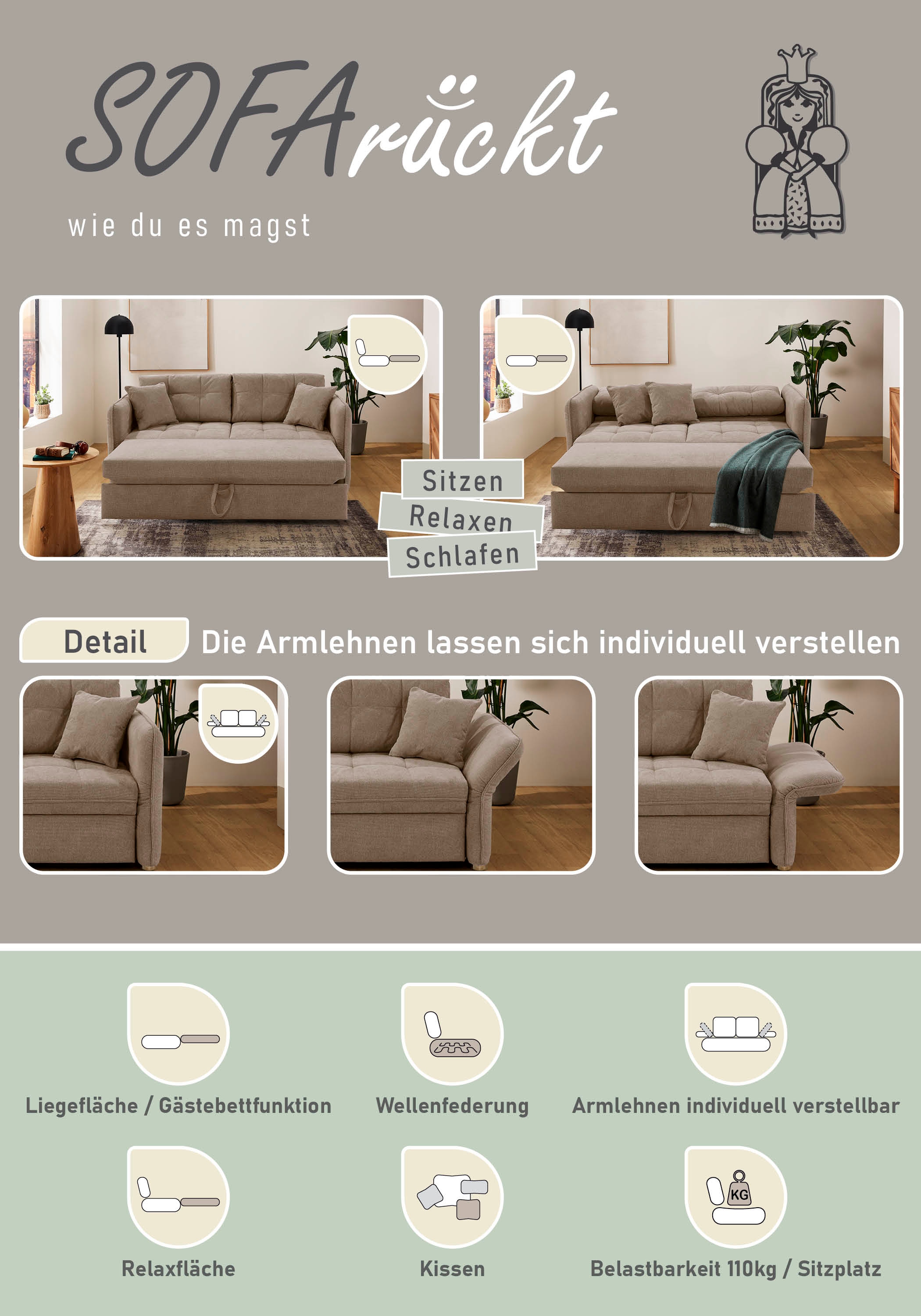 Jockenhöfer Gruppe Schlafsofa »Leon, B: 147 - 187 cm, Liegefl. 120 - 160x200 cm, Breite wählbar« mit Schlaffunktion & Zierkissen, in 3 Breiten