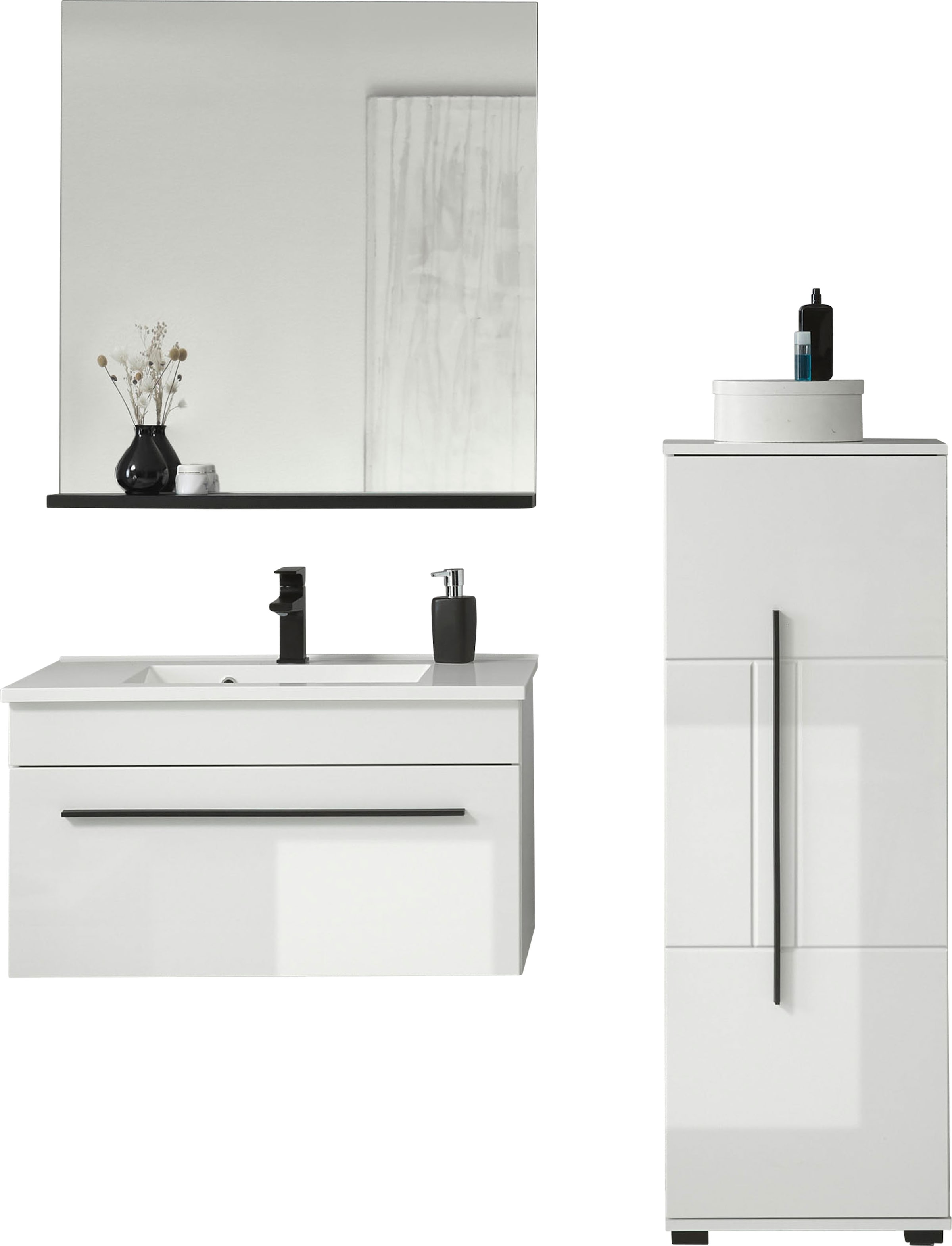 INOSIGN Badmöbel-Set »Cantara, Bad im modernen Design, 3-teiliges Badezimmer«, (Set, 3 St.), Waschtisch, Schrank und Spiegel, in Weiss Hochglanz, viel Stauraum
