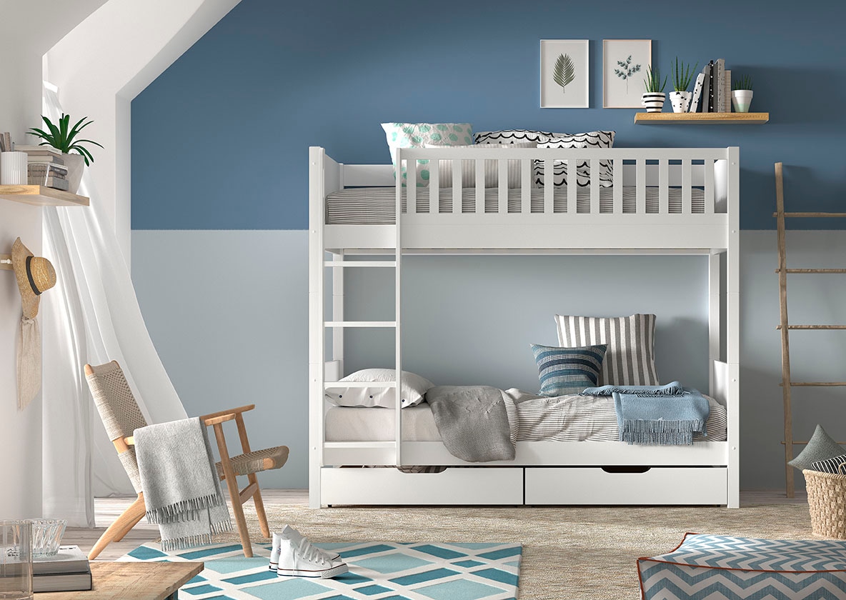 Vipack Etagenbett »Scott, Kiefer massiv, stabil gebaut, Made in Europe, Landhaus-Optik« B/H/T ca. 208x175x105cm, inkl. Rolllattenroste, Leiter, Absturzschutz,  wahlweise mit 2 kleinen oder 1 grossen Bettschublade auf Rollen
