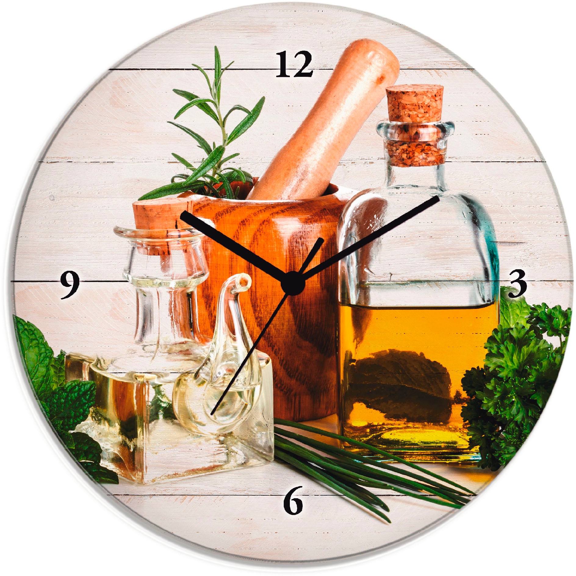 Image of Artland Wanduhr »Olivenöl und Kräuter - Küche«, lautlos, ohne Tickgeräusche, nicht tickend, geräuschlos - wählbar: Funkuhr o. Quarzuhr, moderne Uhr für Wohnzimmer, Küche etc. - Stil: modern bei Ackermann Versand Schweiz