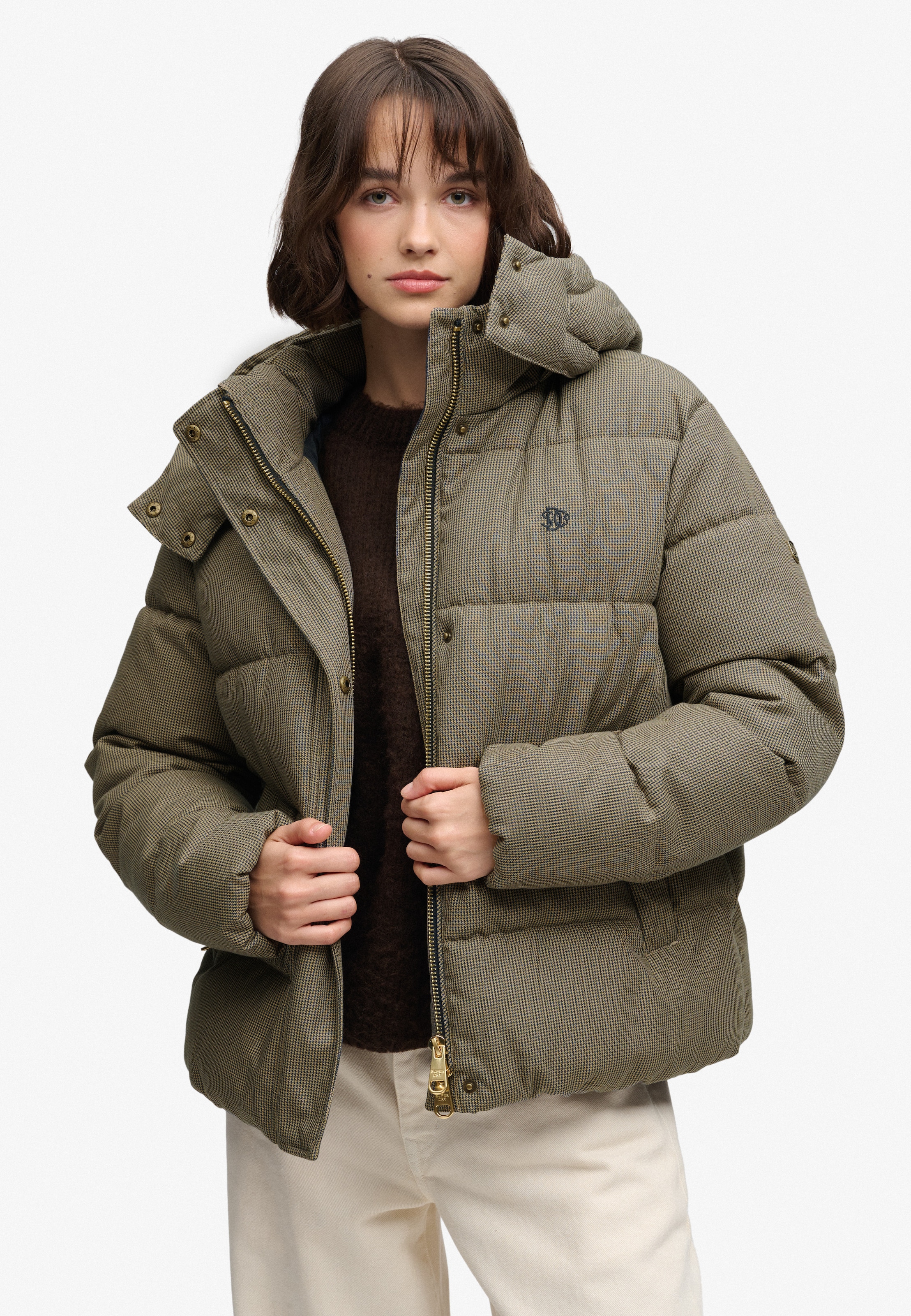 Superdry Steppjacke »PREMIUM HOOD CHECK PUFFER JKT« mit Kapuze Materialmix, relaxed fit, aussen aus Webstoff mit Hahnentritt-Muster
