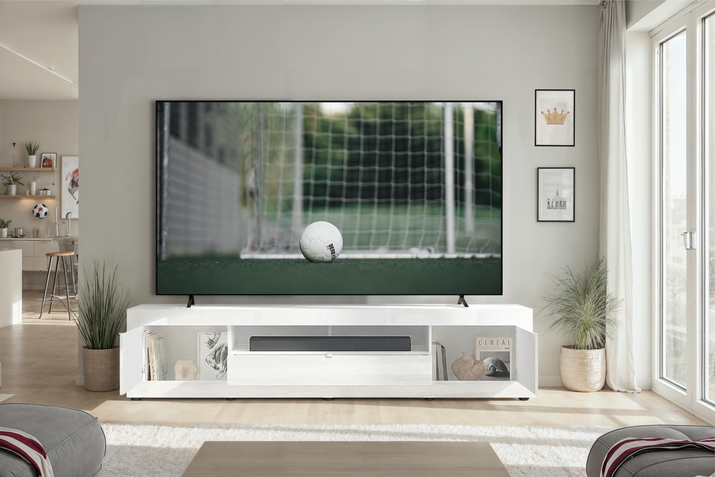 Home affaire Table basse »Basic, 245 cm breit, 47 cm tief, 2 Türen, 1 Schubkasten, Medienboard« Modernes Lowboard für bis zu 98-Zoll-TV – perfekt für die WM