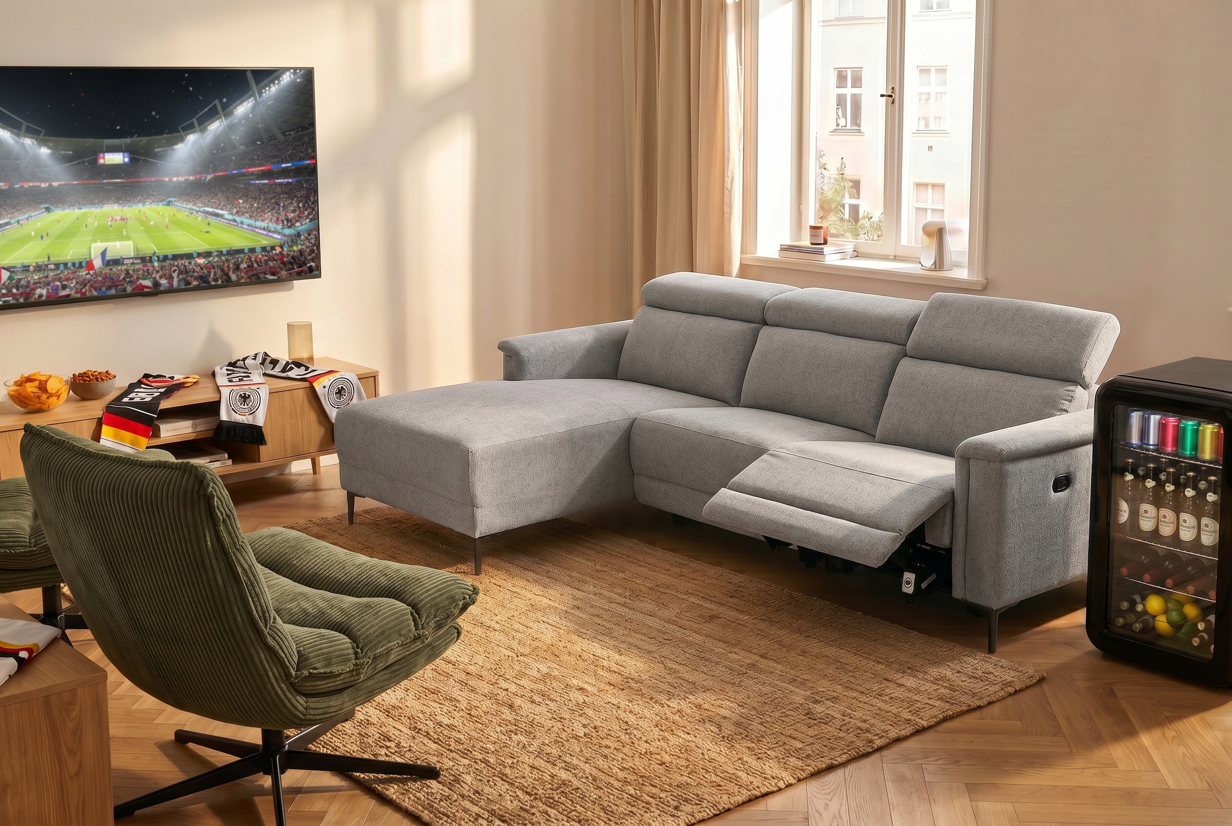 GOODproduct Canapé d'angle »LUND, Struktur-Bezug, L-Form, 261cm, man. /elektr. Relaxfunktion« également avec connexion USB A/C ainsi que réglage de la tête de lit