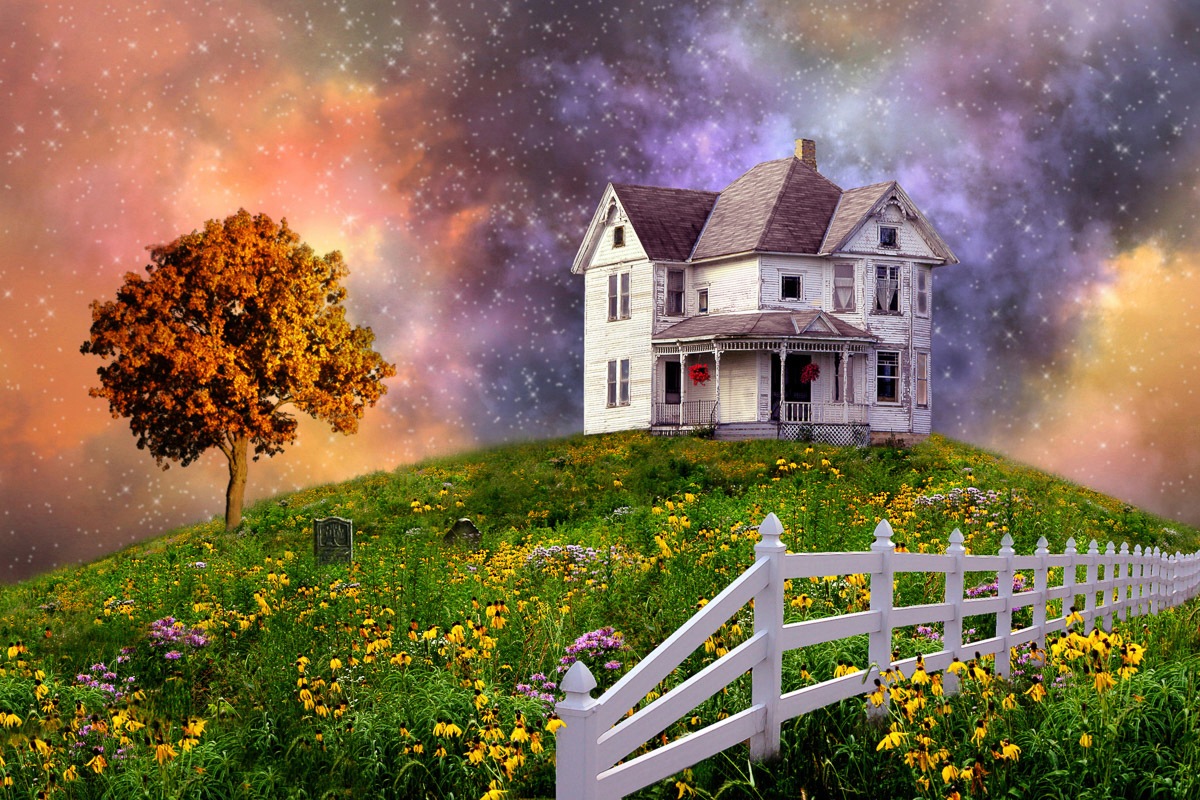 Image of Papermoon Fototapete »SURREAL-FANTASY WOLKEN STERNE HIMMEL BLUMEN LANDSCHAFT«, Vliestapete, hochwertiger Digitaldruck, inklusive Kleister bei Ackermann Versand Schweiz