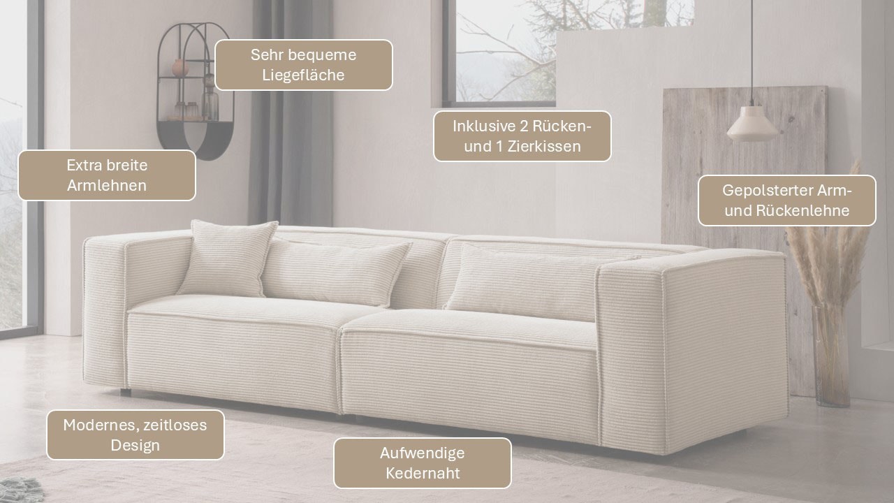 LeGer Home by Lena Gercke 3-Sitzer »PIARA, Couch mit Kedernaht, Sofa in Cord, Leinenoptik o. Strukturstoff« schwarze Füsse, bequemer Sitzkomfort