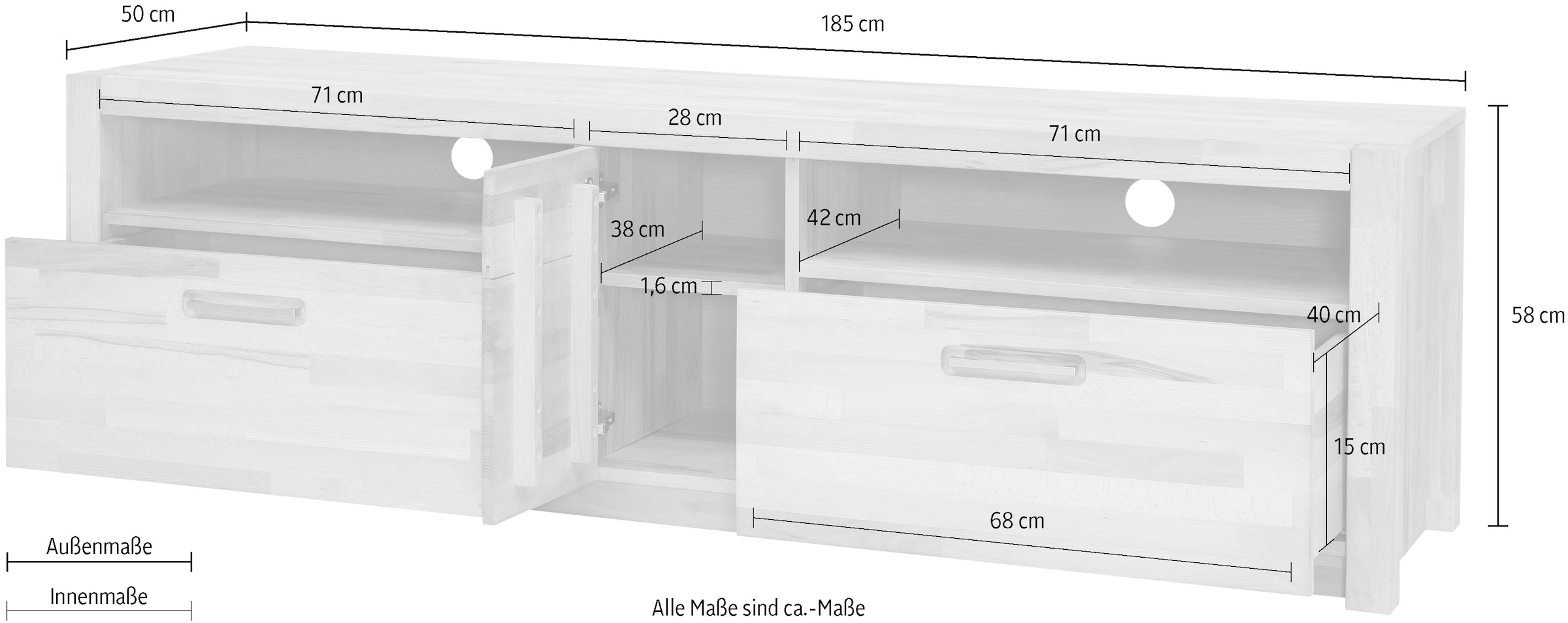 MCA living Lowboard »Fenja TV-Element, Kommode,TV-Möbel,Breite 185 cm« Set, 1 Stück, 1 Stk. tlg. Massivholz, 2 Schubkästen, 2 offene Fächer, 1 Tür, TV-Grösse 70 Zoll