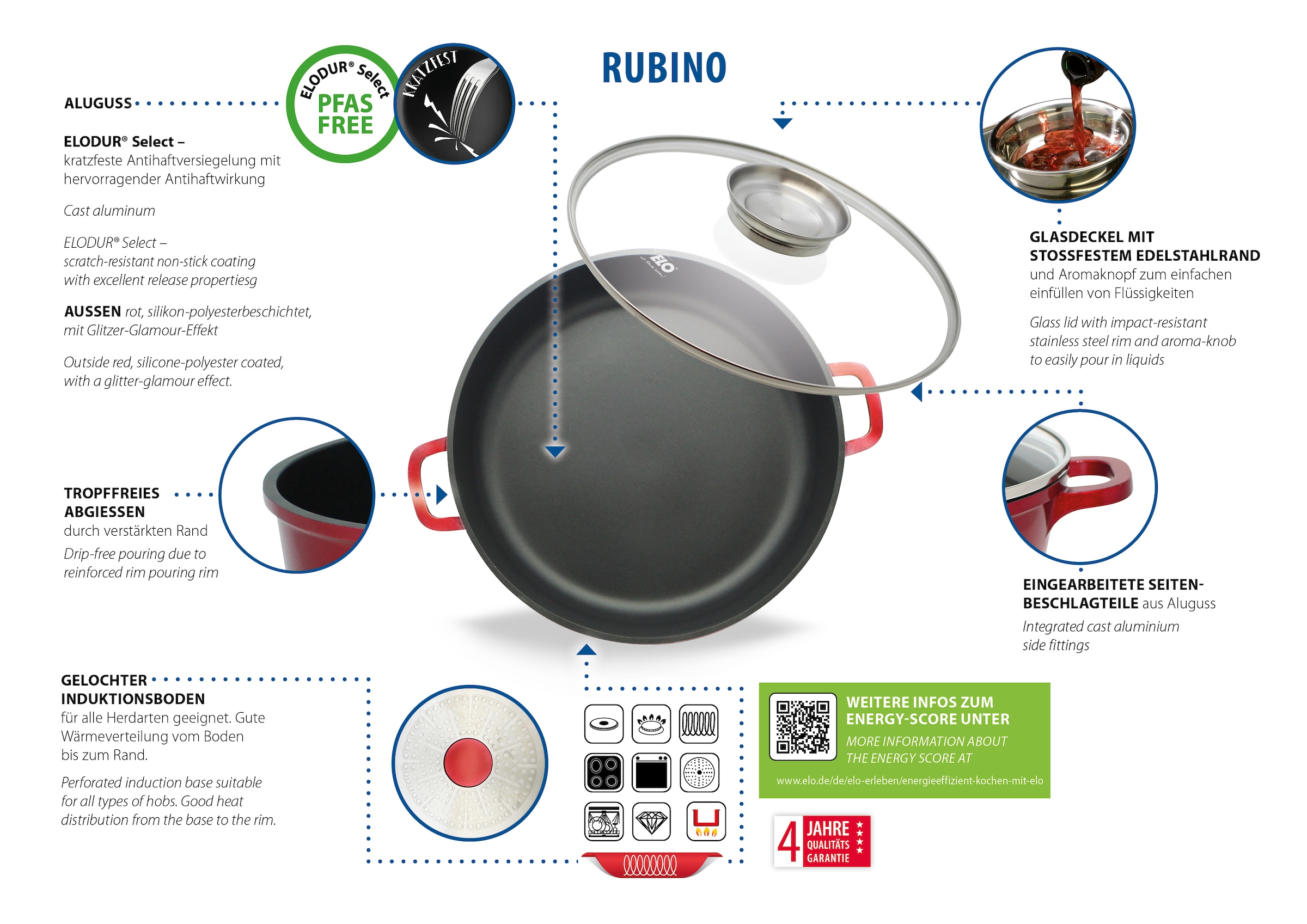 Elo Servierpfanne »Rubino, Pfanne mit Glasdeckel« Aluminiumguss 1 Stk. tlg. mit Glitzer-Glamour-Effekt aussen