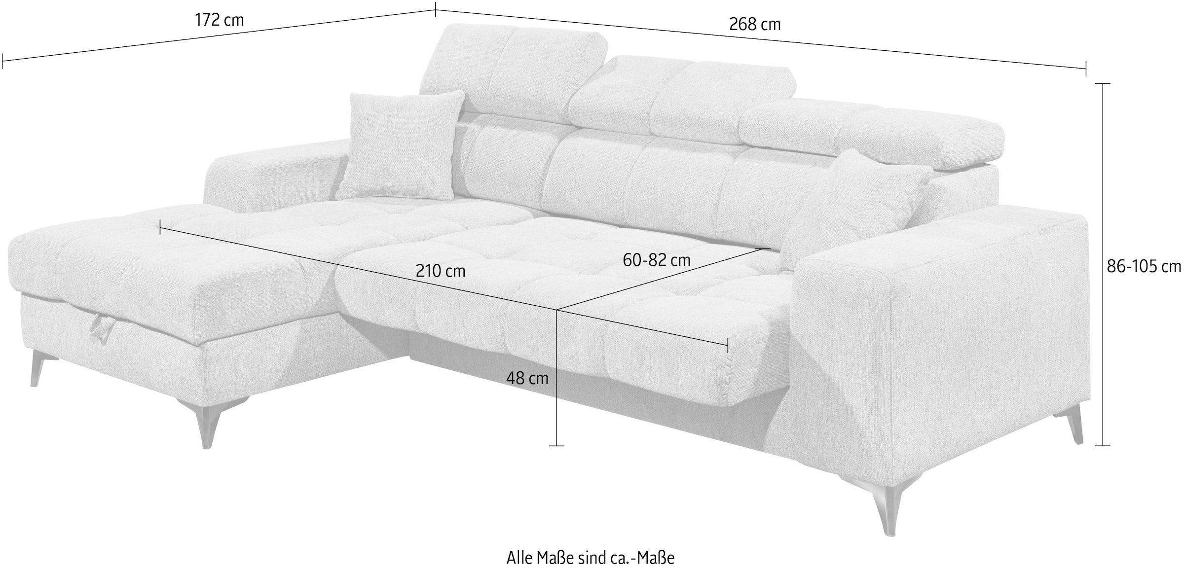 ED EXCITING DESIGN Ecksofa »Sydney L-Form mit Bettfunktion, Bettkasten, Kopfteilverstellung«, motorischer Sitztiefenverstellung, USB-Port & 2 Zierkissen