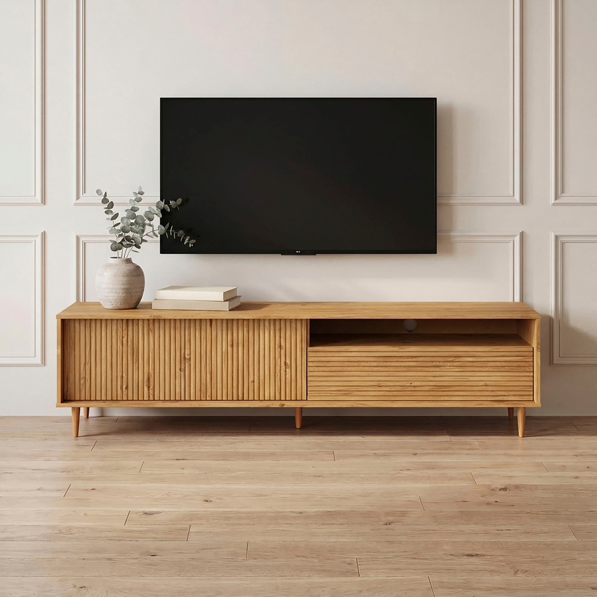 GOODproduct Table basse »Malmedy  Front mit gefrästen Rillen« meuble TV en pin massif, push-to-open, largeur 180 cm