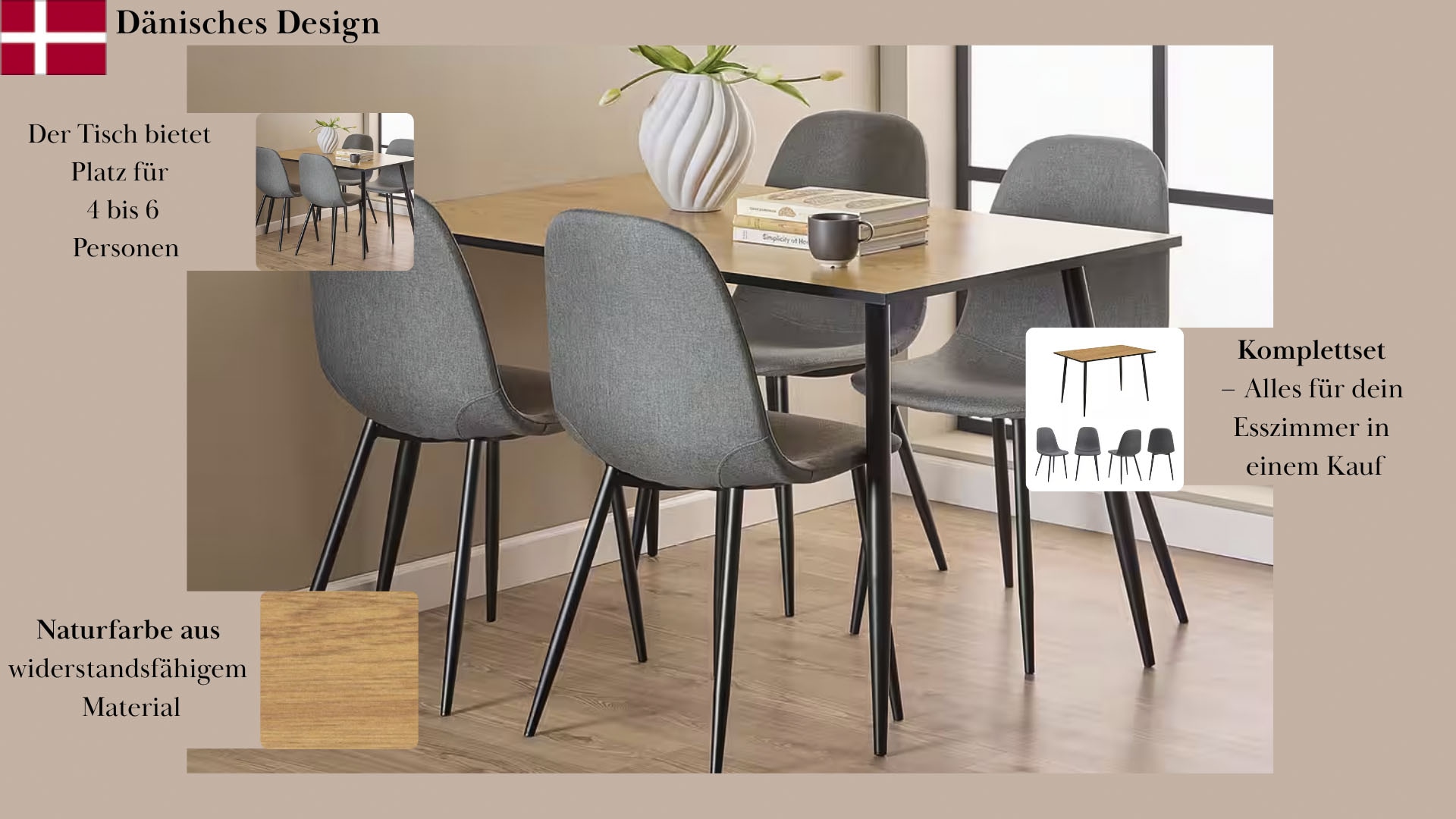 ACTONA GROUP Esszimmer-Set »Essgruppe, Esstisch mit Stühlen, für das Esszimmer« Komplett-Set, 1x Tisch + 4x Stuhle, 5 Stk. tlg.