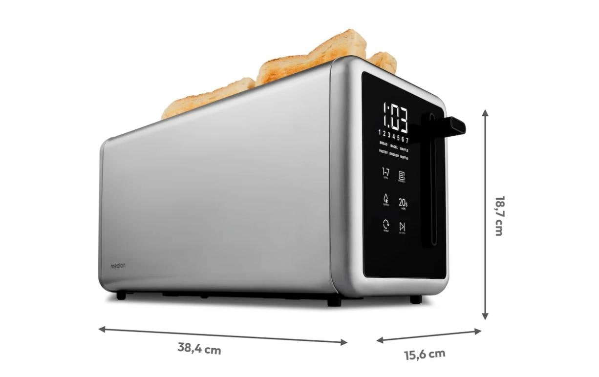 Medion® Grille-pain »Langschlitztoaster, MD12103, LED Sensor-Touch-Display« 2 lange Schlitze für 4 disques 1450 W abnehmbarer Brötchenaufsatz