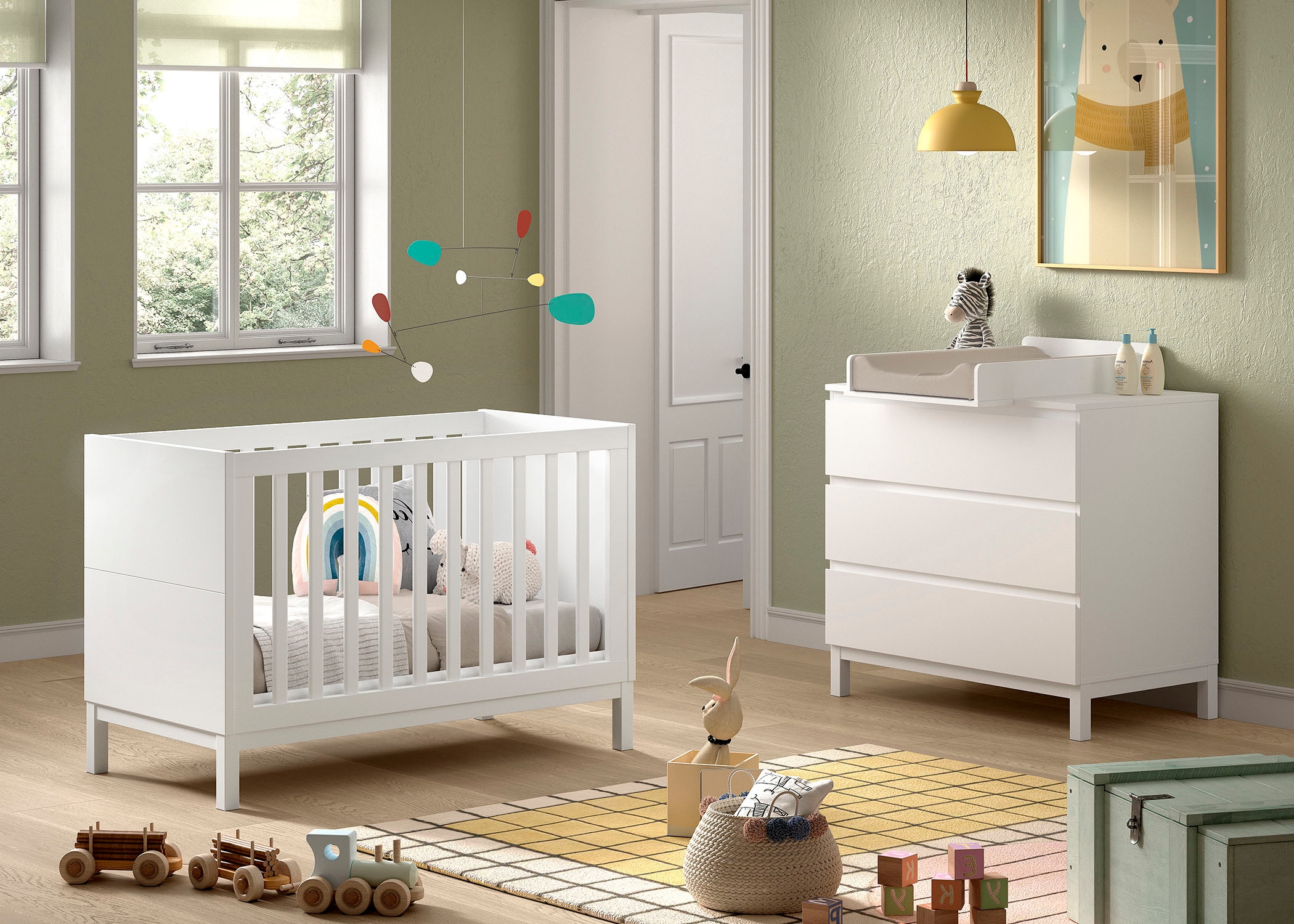 Vipack Ensemble de meubles pour bébé »Set best. aus Babybett 60/120, Kommode 3 Schubladen und Wickelaufsatz« 3 cuis tlg. au design épuré, surface laquée facile d'entretien en blanc