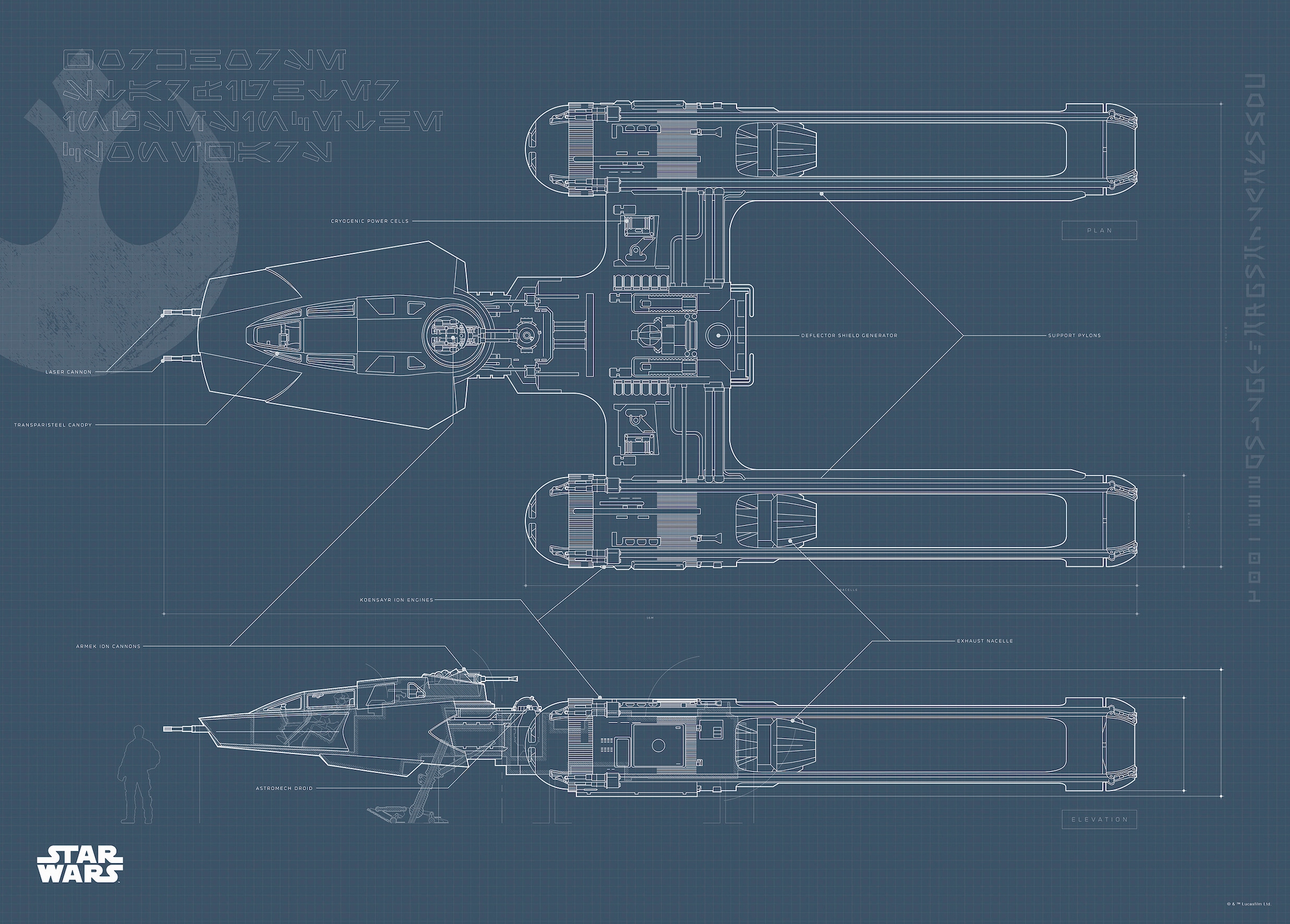 Image of Komar Bild "Star Wars EP9 Blueprint Y-Wing" Star Wars 1 Stk. tlg. Wandbild zur Dekoration im Kinderzimmer - ohne Rahmen