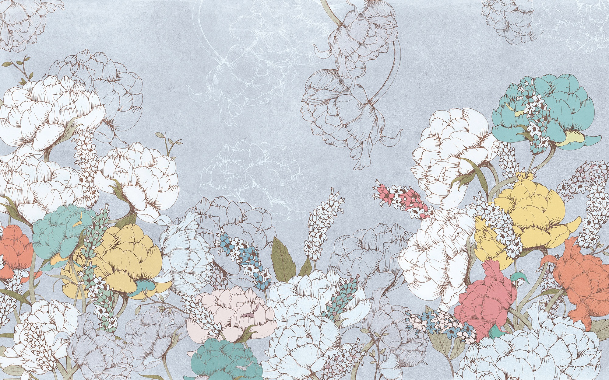 Image of Komar Fototapete "Digitaldruck Vlies - Planting Peonies - Grösse 400 x 250 cm" bedruckt floral geblümt gemustert tropisch glatt Wohnzimmer, Schlafzimmer