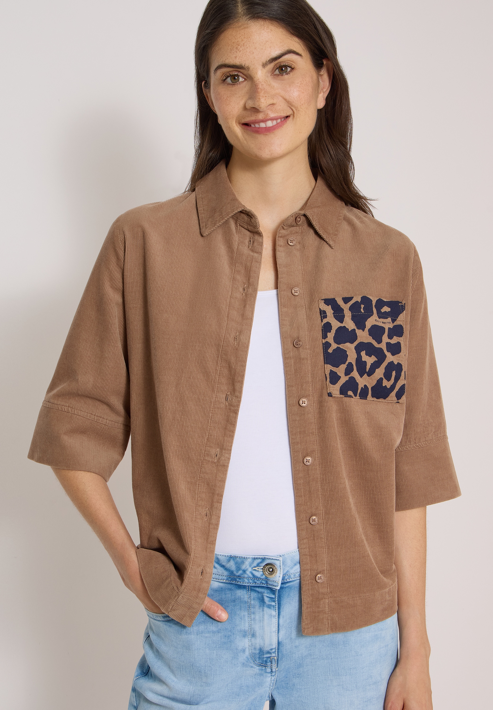 Image of Cecil Kurzarmbluse Sommerbluse aus Cord mit Leo-Brusttasche