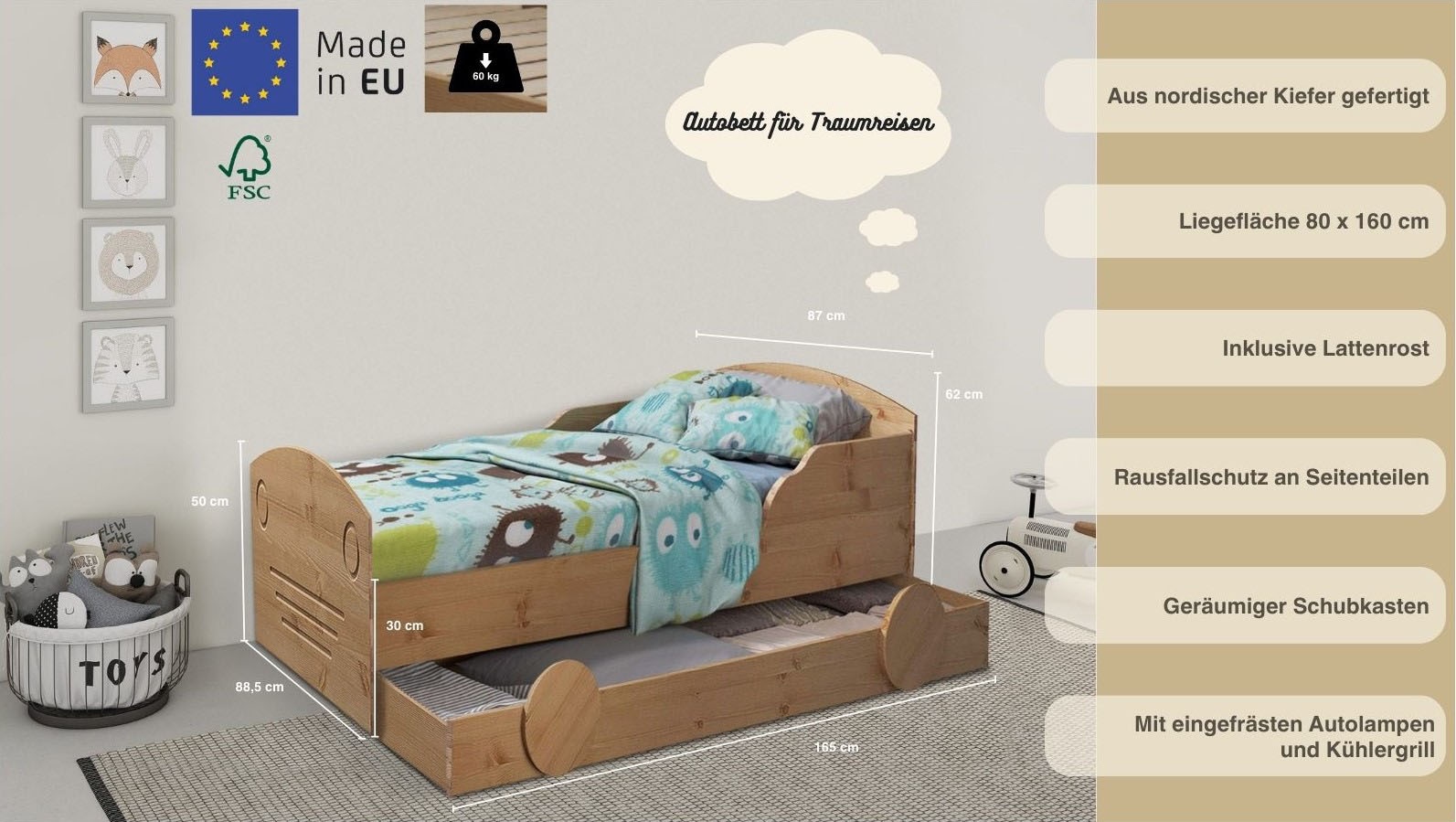 Lüttenhütt Kinderbett »Levke« aus massiver Kiefer, 90x160 cm, inklusive Schubkasten und Lattenrost