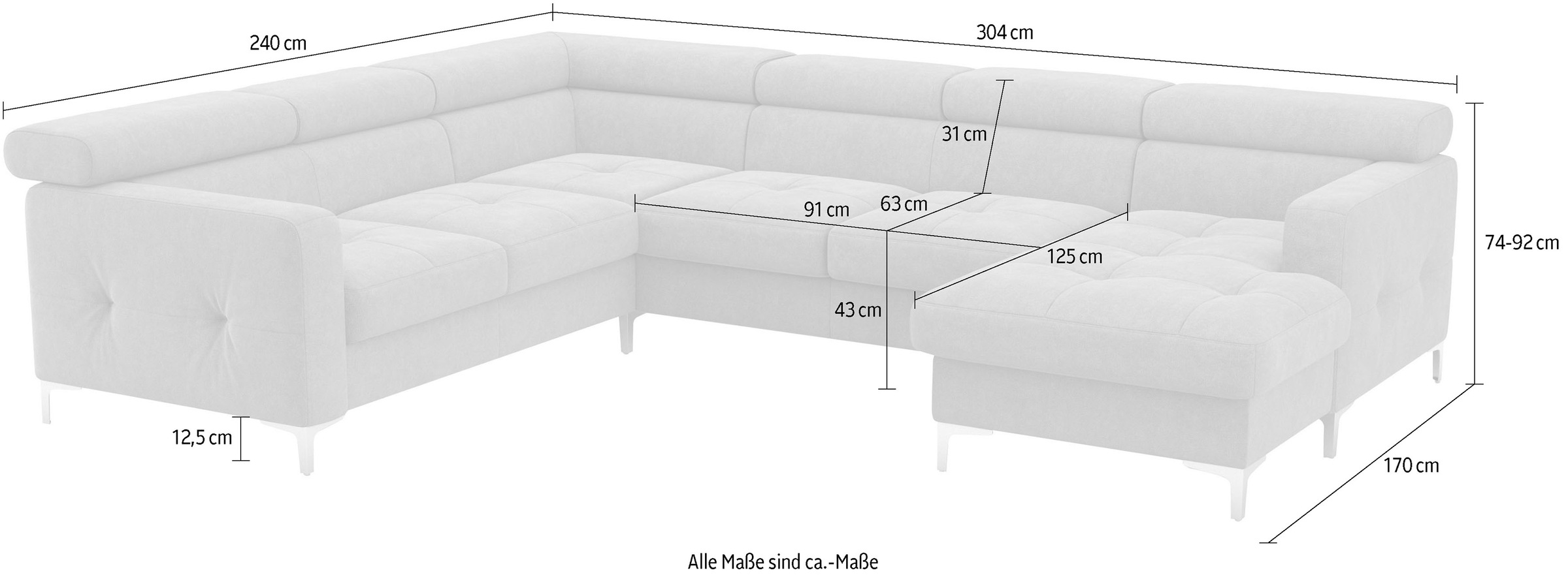 COTTA Wohnlandschaft »Sammy U-Form«, mit Kopfteilverstellung, optional mit Bettfunktion und Bettkasten