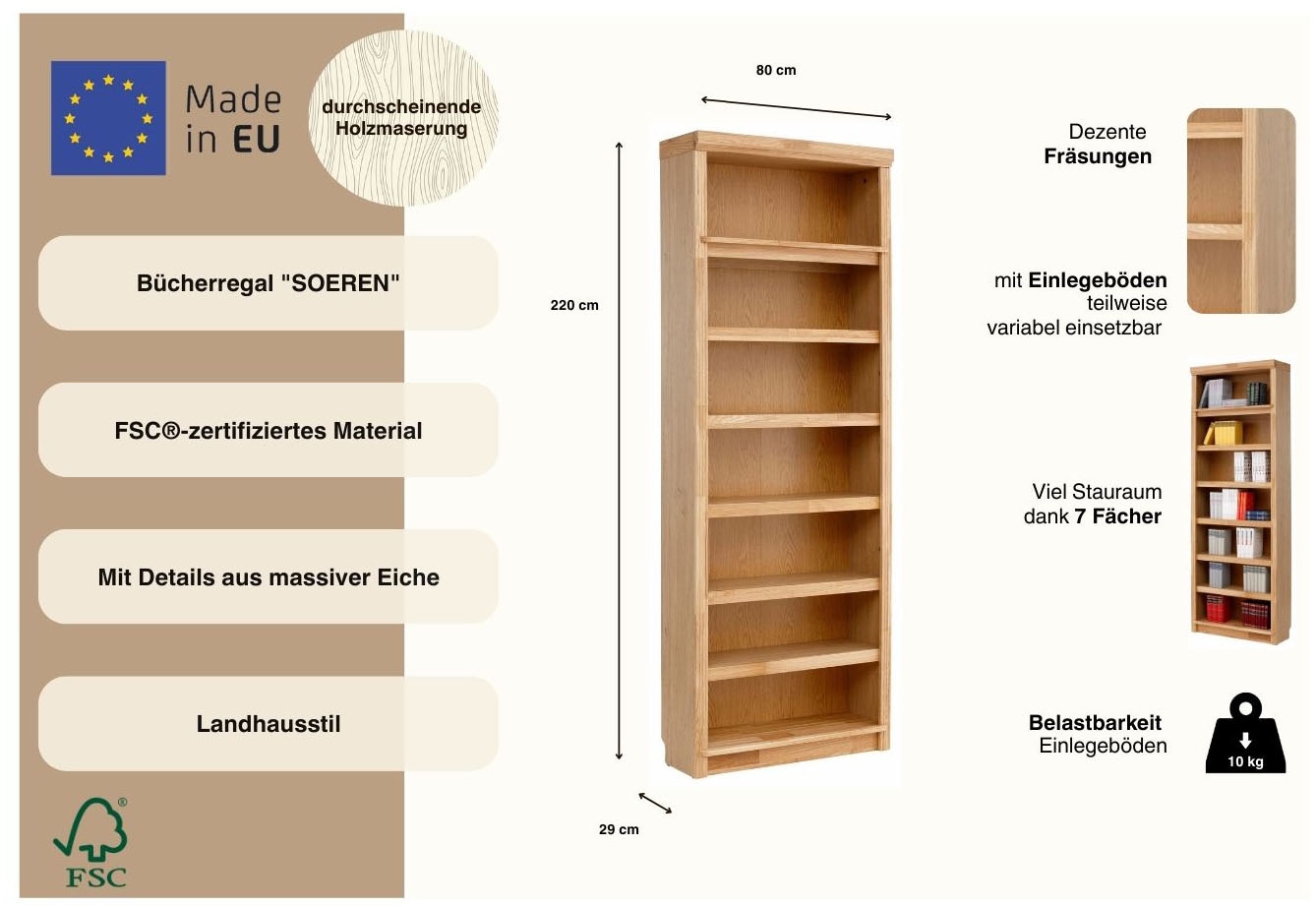 Home affaire Étagère à livres »Soeren Eiche Regal B/T/H: 80/29/220/29 cm« teilmassive Eiche, FSC®-zertifiziert