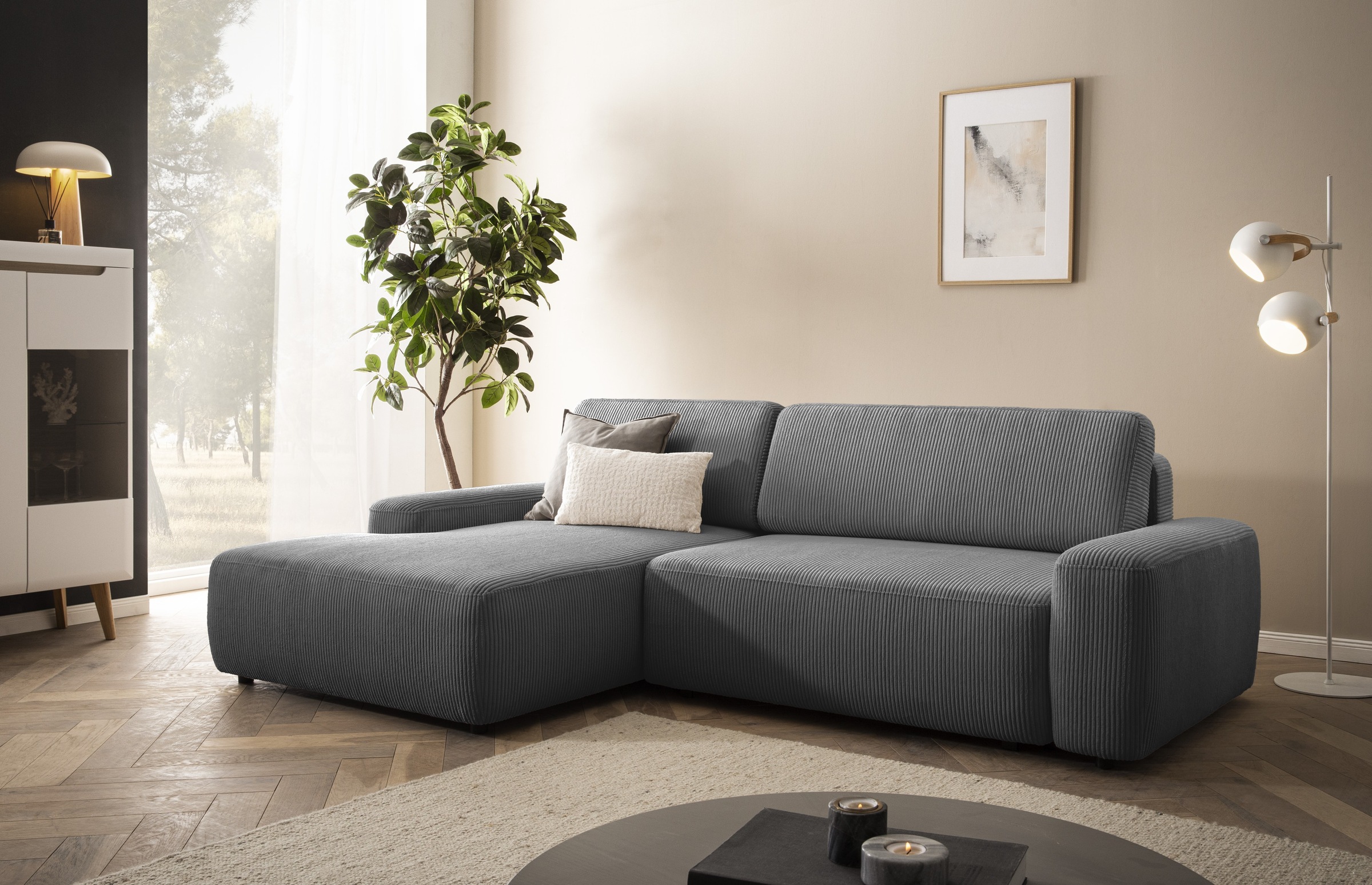 Home affaire Ecksofa »TORGE (264cm), Schlafsofa in Cord, Samtvelours o Struktur fein, L-Form« Schlaffunktion, Bettkasten, Liegefläche: 125/210 cm