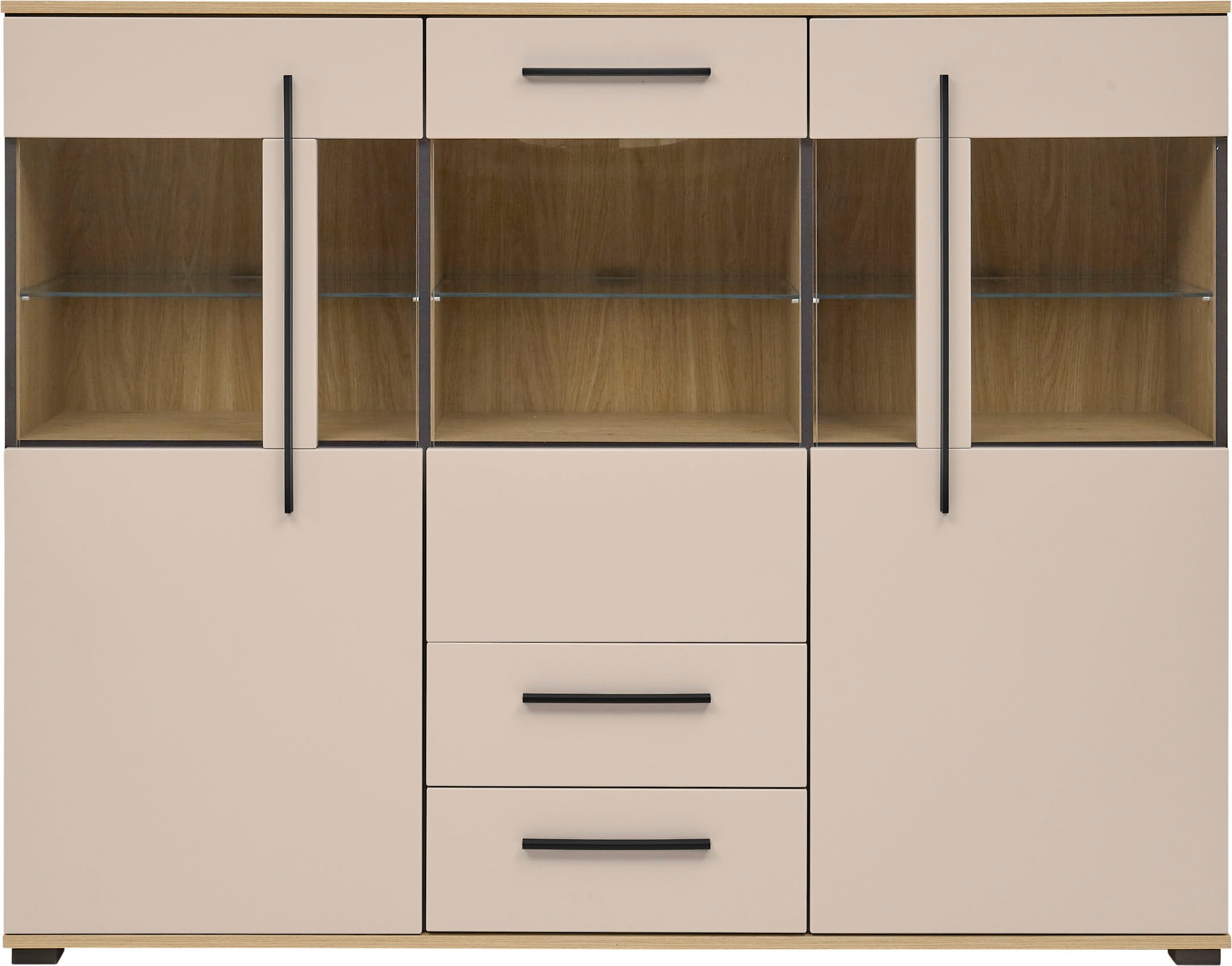 Home affaire Buffet haut »Cantara, moderner Schrank, Vitrine in Eiche Dekor, Weiss oder Kaschmir« poignées noires en barre, espace de rangement suffisant, polyvalent