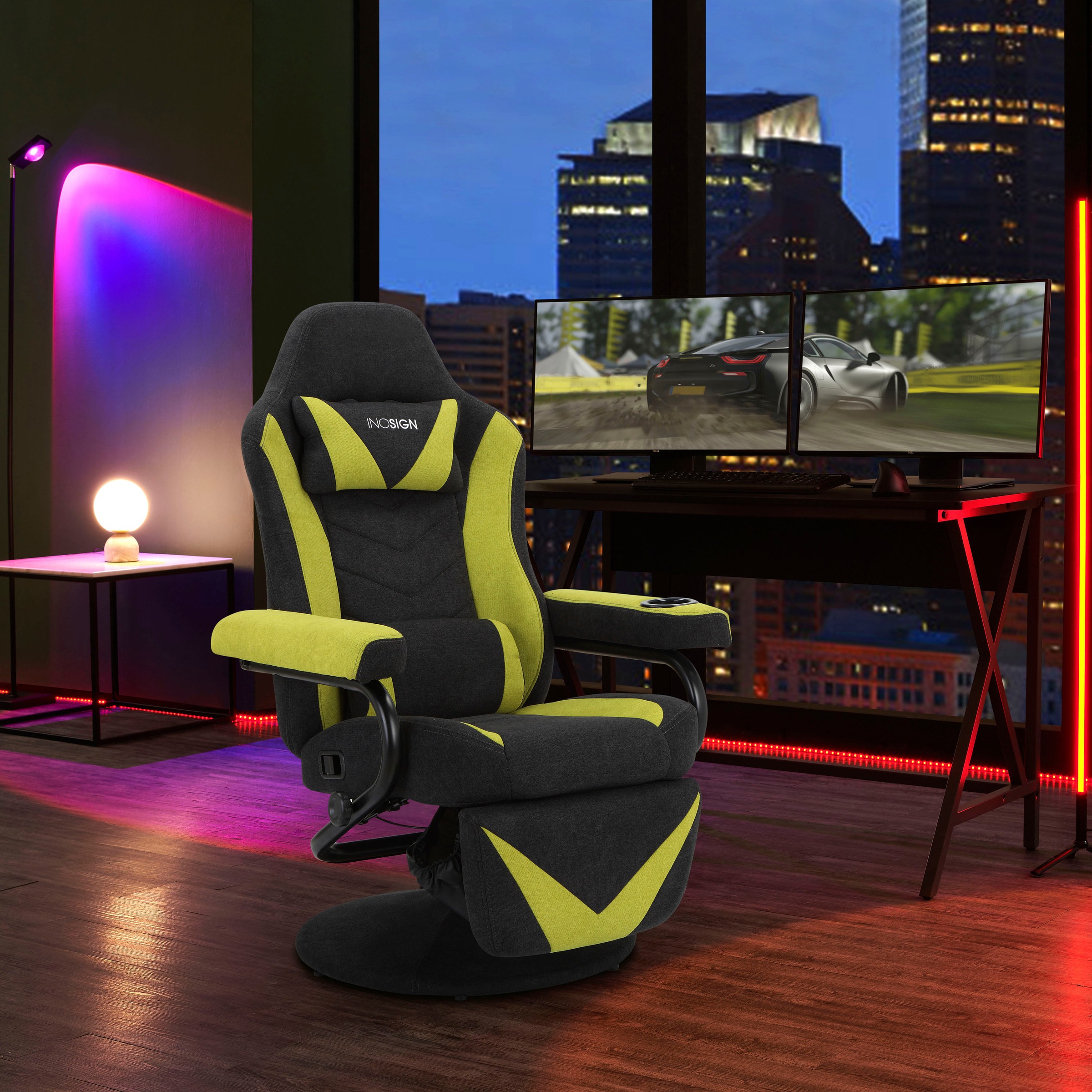 Image of INOSIGN Relaxsessel »Jocelin«, im Gaming Chair Design, mit mechanischer Relaxfunktion, integrierte Fussstütze, Getränkehalter in der linken Armlehne, Drehfunktion,1 Kissen zur Kopfstütze, schwarzes Metallgestell, Sitzhöhe 45 cm bei Ackermann Versand Schwe